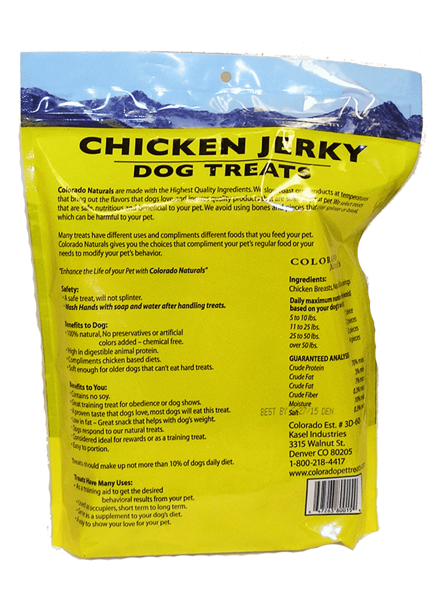 A photo of the back of the best 16 oz Chicken Jerky Dog Treats from Colorado Pet Treats by Colorado Naturals. Colorado Pet Treats - All-Natural, All-American Dog Jerky, Jerky Chips, and Bones - Treat your furry friend to our delicious and healthy pet treats made with only the finest ingredients sourced in the USA. Delicious and chewy all-American dog jerky made with natural ingredients sourced in Colorado.