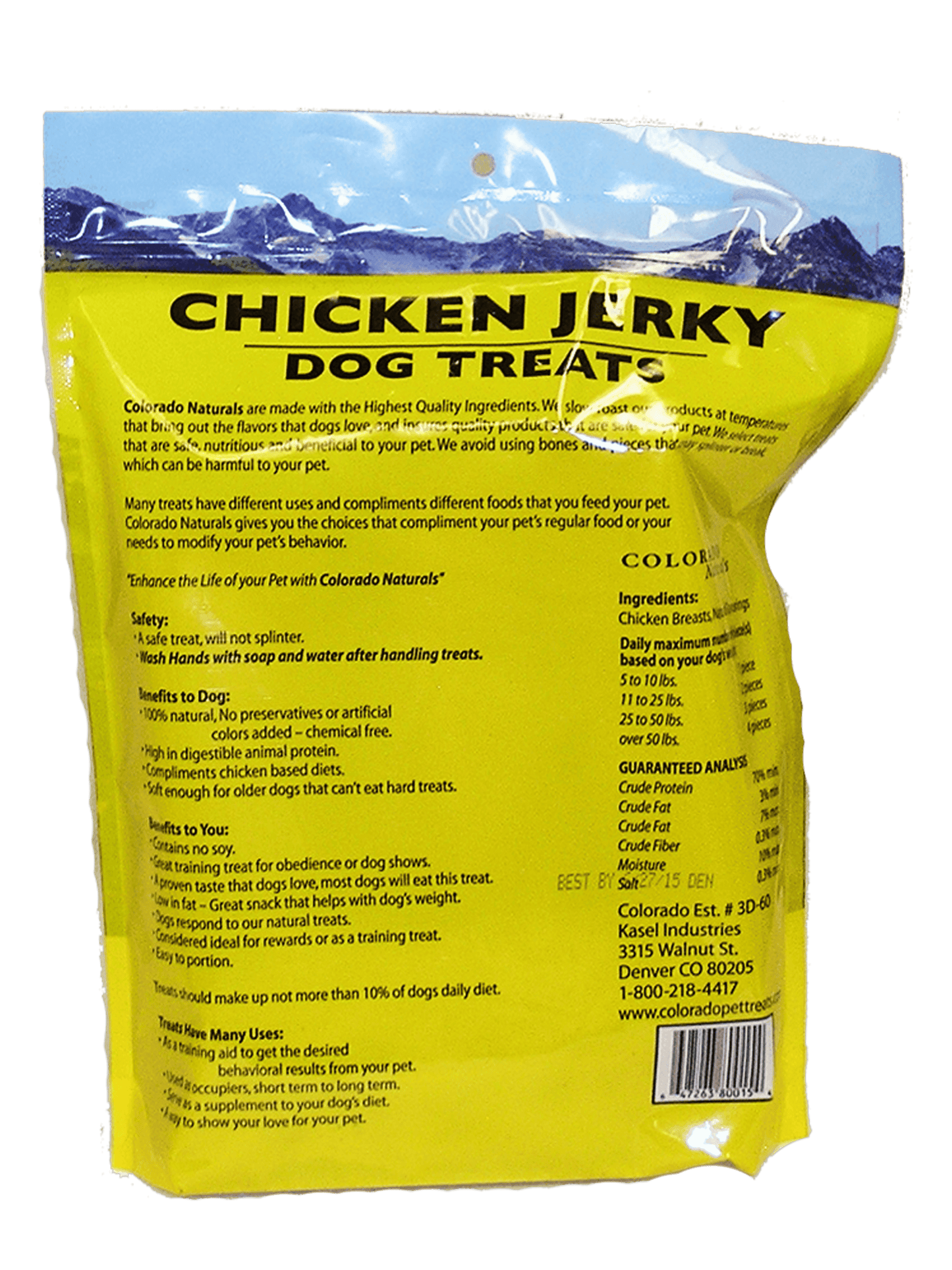A photo of the back of the best 16 oz Chicken Jerky Dog Treats from Colorado Pet Treats by Colorado Naturals. Colorado Pet Treats - All-Natural, All-American Dog Jerky, Jerky Chips, and Bones - Treat your furry friend to our delicious and healthy pet treats made with only the finest ingredients sourced in the USA. Delicious and chewy all-American dog jerky made with natural ingredients sourced in Colorado.