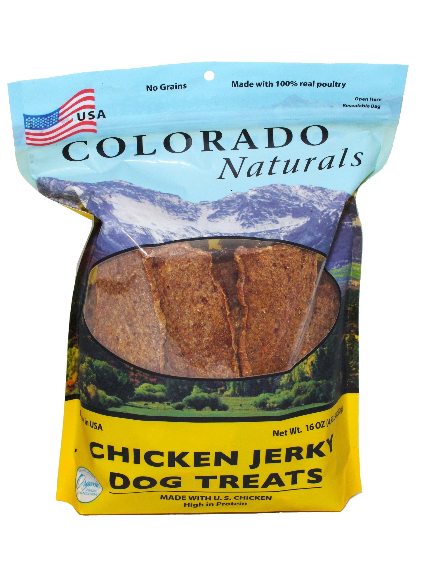 A photo of the front of the best 16 oz Chicken Jerky Dog Treats from Colorado Pet Treats by Colorado Naturals. Colorado Pet Treats - All-Natural, All-American Dog Jerky, Jerky Chips, and Bones - Treat your furry friend to our delicious and healthy pet treats made with only the finest ingredients sourced in the USA. Delicious and chewy all-American dog jerky made with natural ingredients sourced in Colorado.