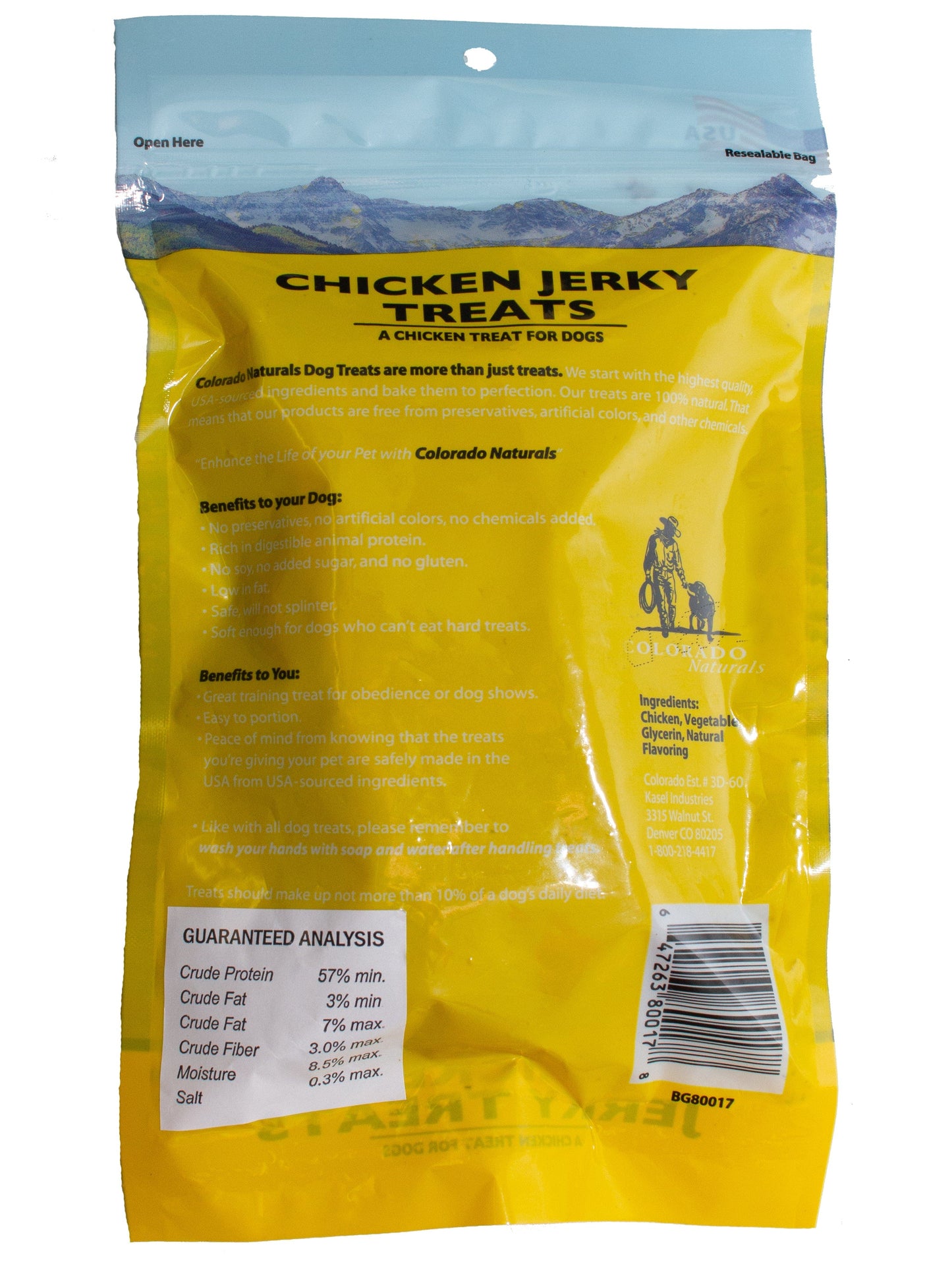 A photo of the back of the best 4 oz Chicken Jerky Dog Treats from Colorado Pet Treats by Colorado Naturals. Colorado Pet Treats - All-Natural, All-American Dog Jerky, Jerky Chips, and Bones - Treat your furry friend to our delicious and healthy pet treats made with only the finest ingredients sourced in the USA. Delicious and chewy all-American dog jerky made with natural ingredients sourced in Colorado.