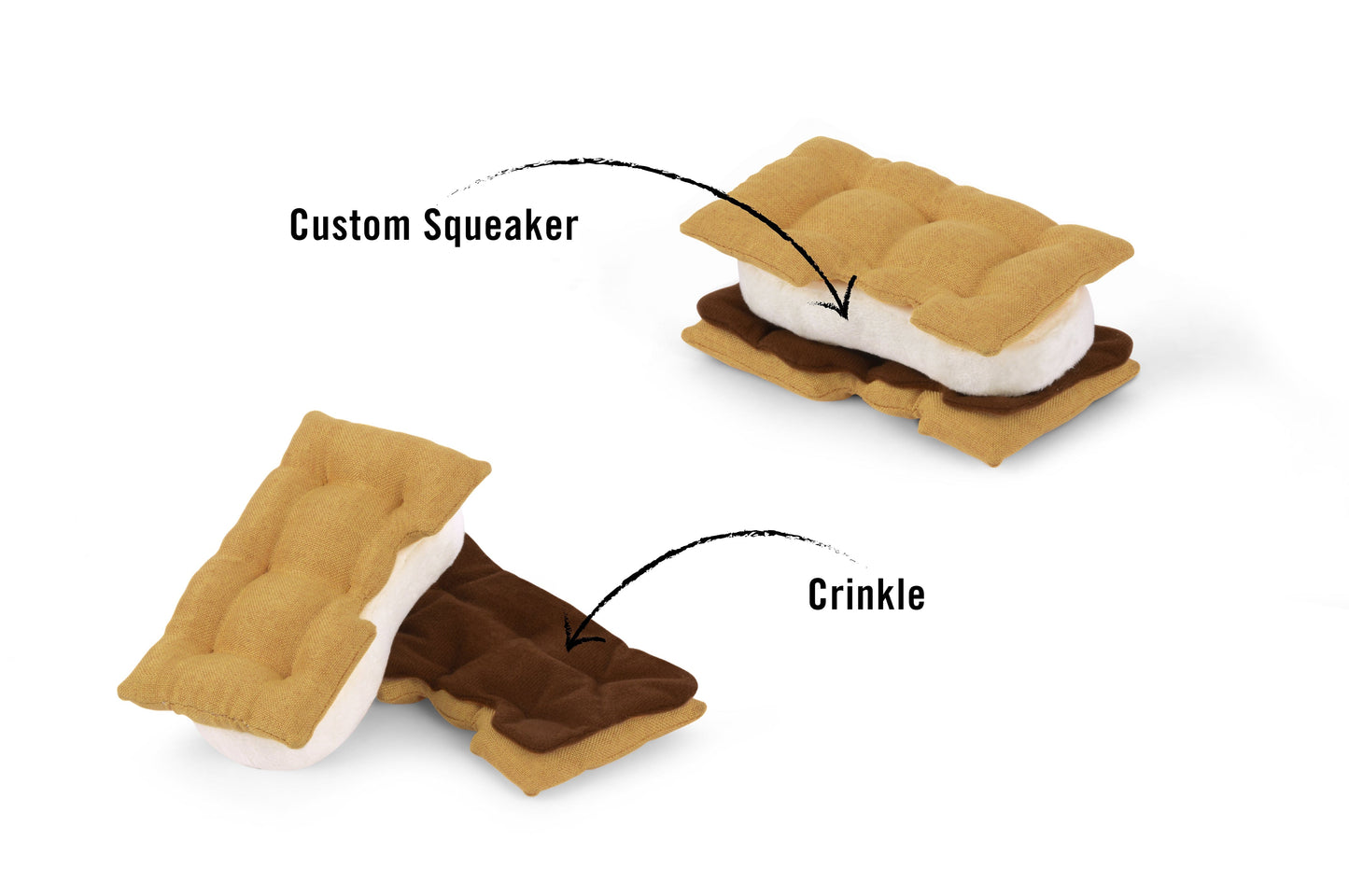 A photo of the toy features of the Gimmie S'more Toy in the Gimmie S'more Toy and 14 Oz Fresh Fields Bison and Apple Jerky Chips Bundle. This bundle is from Fresh Fields by Colorado Pet Treats and P.L.A.Y.
