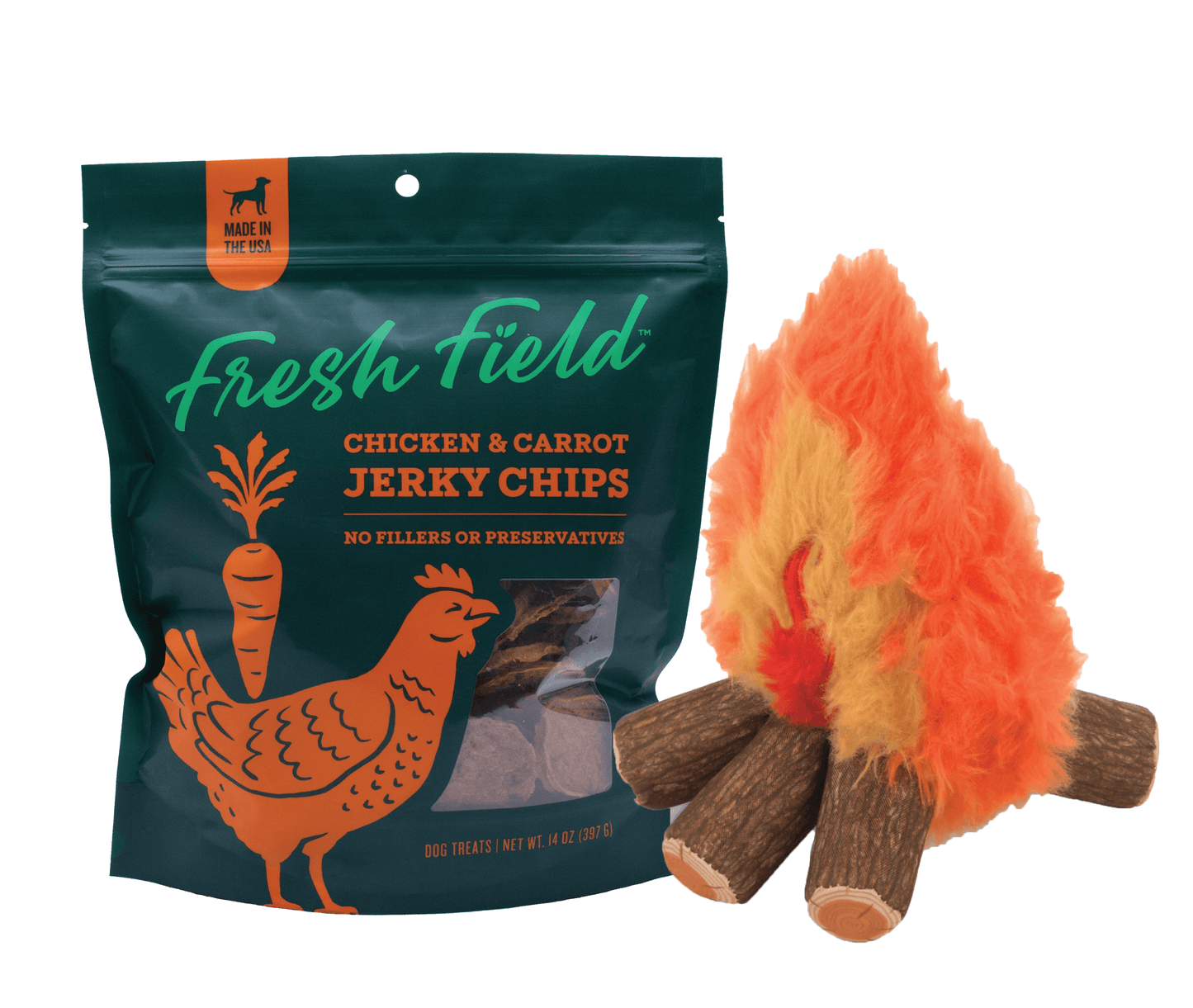 A photo of the Fresh Fields Chicken and Carrot Jerky Chip Treat and Cozy Campfire toy bundle. This bundle is from Fresh Fields by Colorado Pet Treats and P.L.A.Y.