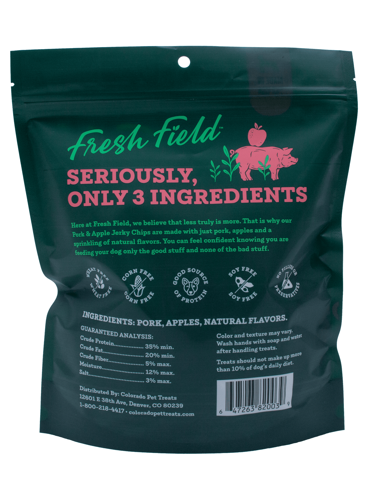 A photo of the bag back of the 14 oz Pork and Apple Jerky Chips Dog Treats And toy bundle with no toy. This bundle is from Fresh Fields by Colorado Pet Treats and P.L.A.Y.