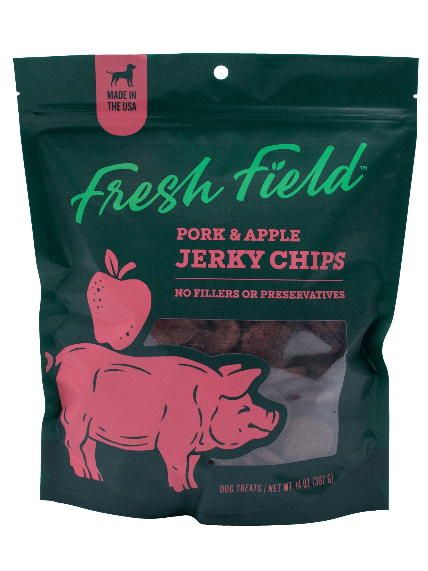 A photo of the bag front of the 14 oz Pork and Apple Jerky Chips Dog Treats And toy bundle with no toy. This bundle is from Fresh Fields by Colorado Pet Treats and P.L.A.Y.
