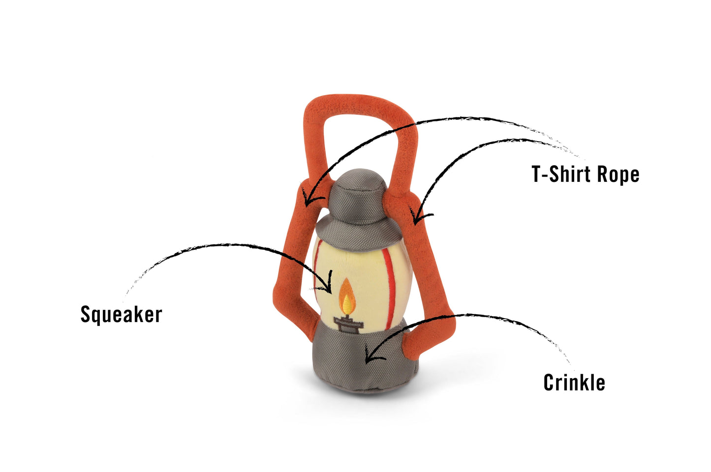 A photo of the toy features of the Pack Leader Lantern Toy in the Pack Leader Lantern Toy and 14 Oz Fresh Fields Pork and Apple Jerky Chips Bundle. This bundle is from Fresh Fields by Colorado Pet Treats and P.L.A.Y.