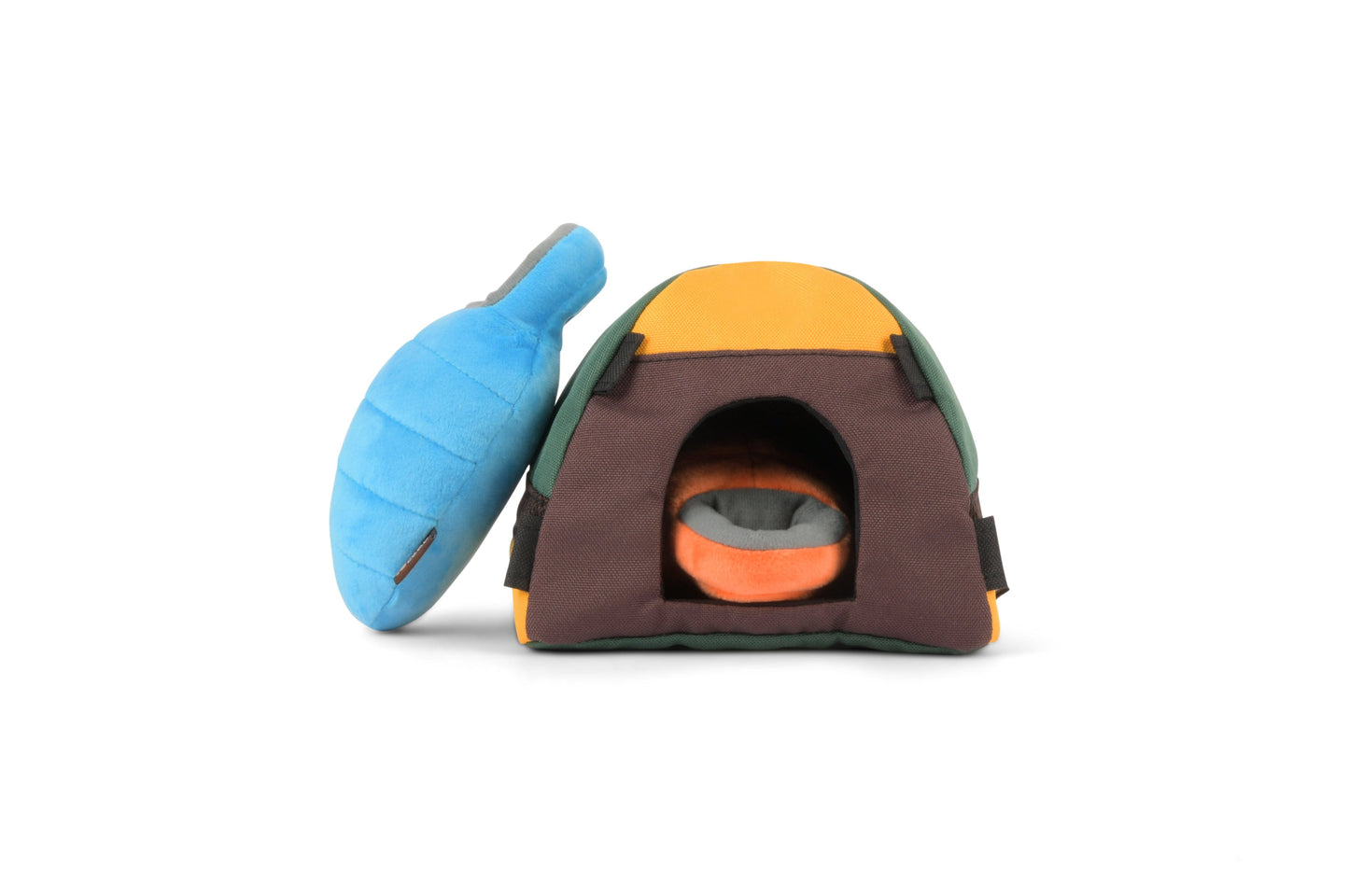 A photo of the toy in the Trailblazing Tent Toy in the Trailblazing Tent Toy and 14 Oz Fresh Fields Salmon and Sweet Potato Jerky Chips Bundle. This bundle is from Fresh Fields by Colorado Pet Treats and P.L.A.Y.