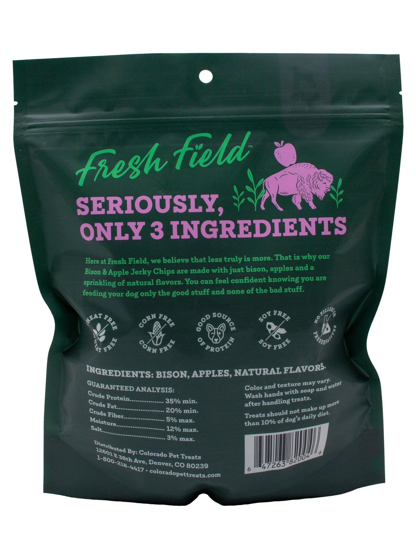 A photo of the back of the best 14 oz Bison and Apple Jerky Chips Dog Treats from Colorado Pet Treats by Fresh Field. Colorado Pet Treats - All-Natural, All-American Dog Jerky, Jerky Chips, and Bones - Treat your furry friend to our delicious and healthy pet treats made with only the finest ingredients sourced in the USA. The best crunchy and savory jerky chips made with all-natural ingredients and baked to perfection.