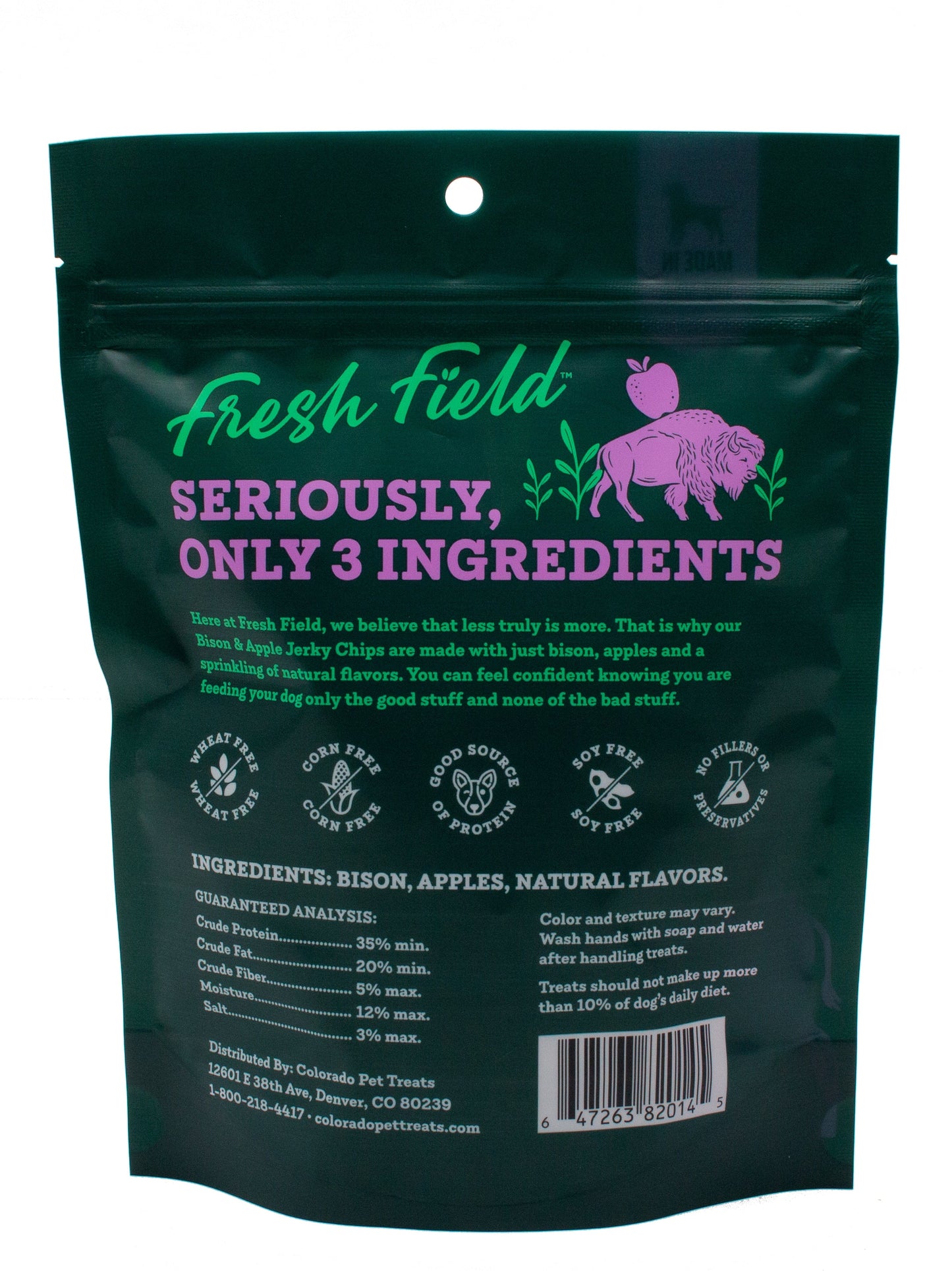 A photo of the back of the best 5 oz Bison and Apple Jerky Chips Dog Treats from Colorado Pet Treats by Fresh Field. Colorado Pet Treats - All-Natural, All-American Dog Jerky, Jerky Chips, and Bones - Treat your furry friend to our delicious and healthy pet treats made with only the finest ingredients sourced in the USA. The best crunchy and savory jerky chips made with all-natural ingredients and baked to perfection.