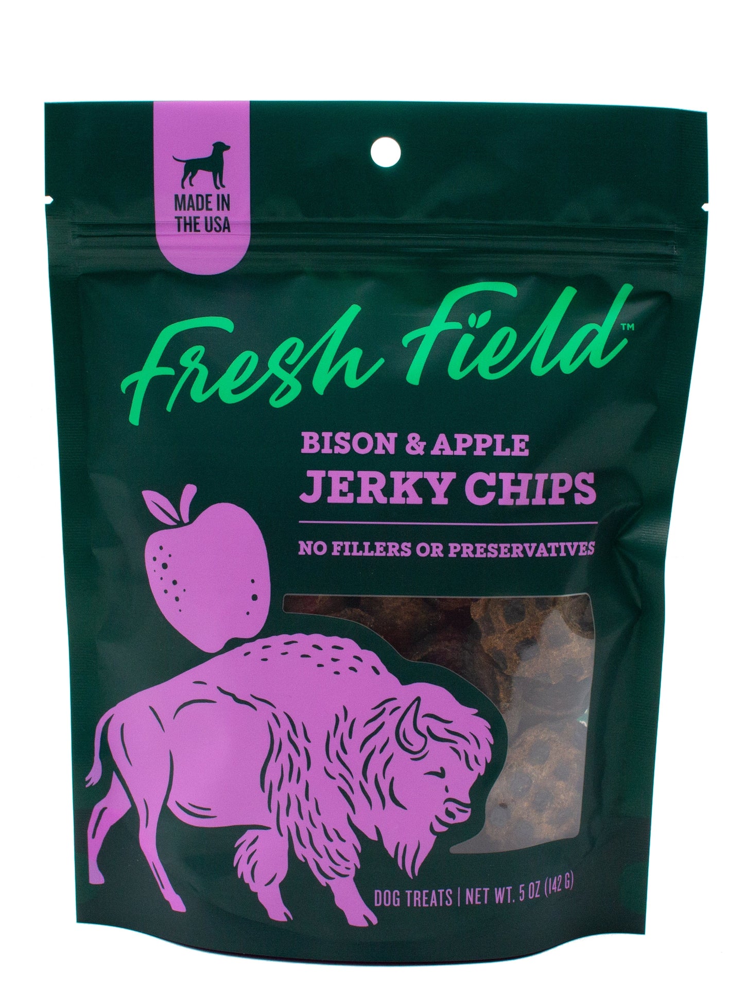 A photo of the front of the best 5 oz Bison and Apple Jerky Chips Dog Treats from Colorado Pet Treats by Fresh Field. Colorado Pet Treats - All-Natural, All-American Dog Jerky, Jerky Chips, and Bones - Treat your furry friend to our delicious and healthy pet treats made with only the finest ingredients sourced in the USA. The best crunchy and savory jerky chips made with all-natural ingredients and baked to perfection.