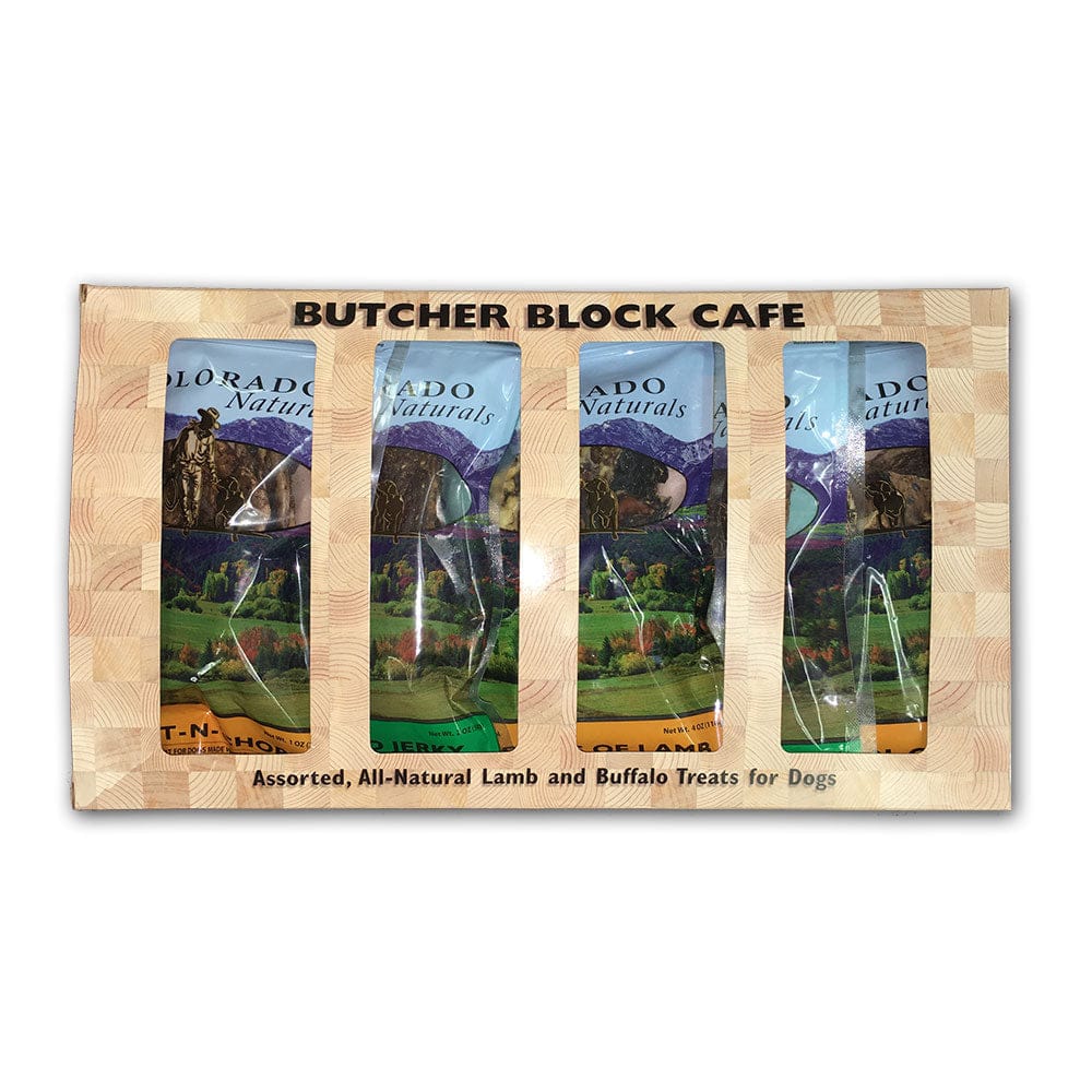 A photo of the Butcher Block Cafe set of Dog Treat from Colorado Pet Treats by Colorado Naturals. Colorado Pet Treats - All-Natural, All-American Dog Jerky, Jerky Chips, and Bones - Treat your furry friend to our delicious and healthy pet treats made with only the finest ingredients sourced in the USA.