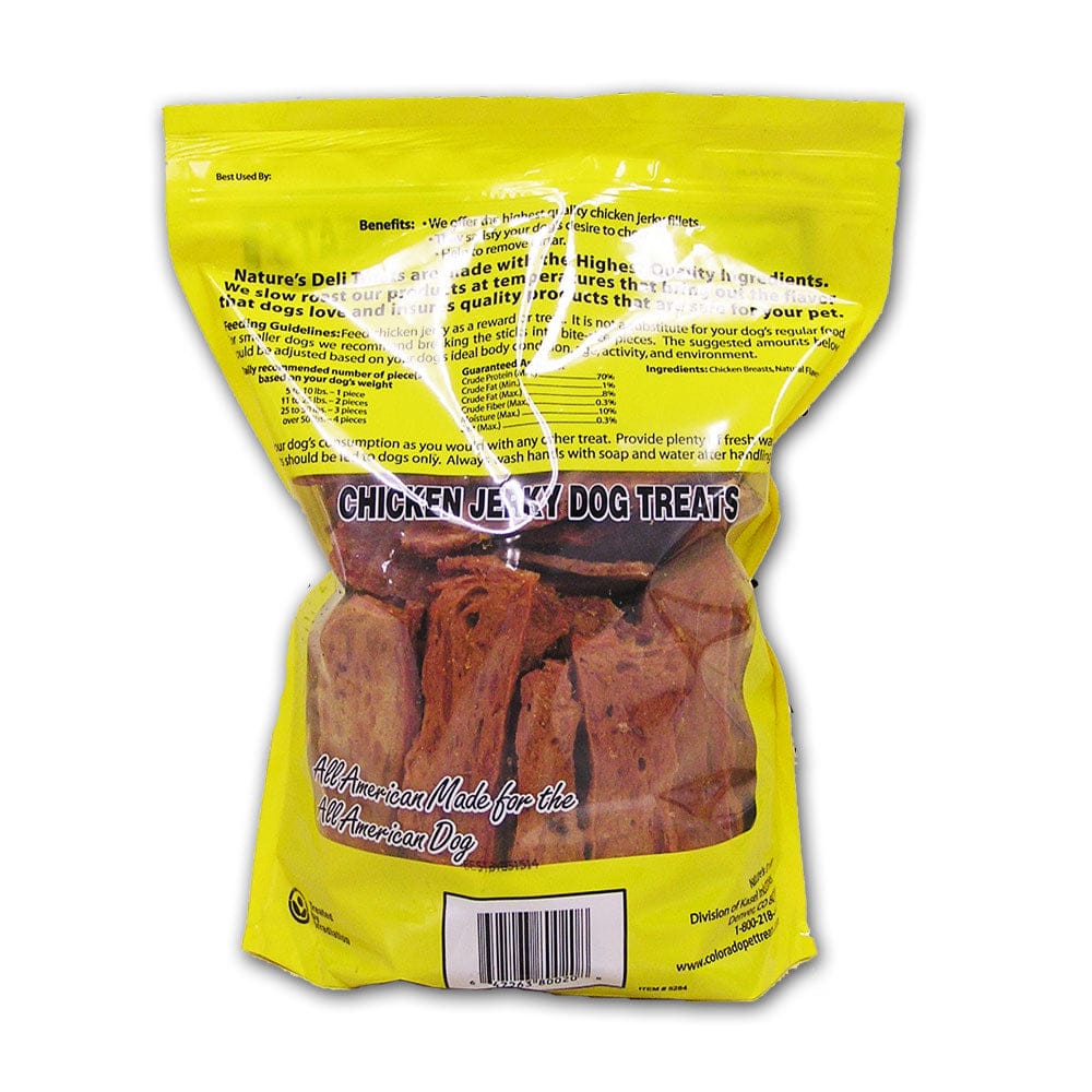 A photo of the back of the best 2.5 lb and 3lb Chicken Jerky Dog Treats from Colorado Pet Treats by Nature's Deli. Colorado Pet Treats - All-Natural, All-American Dog Jerky, Jerky Chips, and Bones - Treat your furry friend to our delicious and healthy pet treats made with only the finest ingredients sourced in the USA. Delicious and chewy all-American dog jerky made with natural ingredients sourced in Colorado.