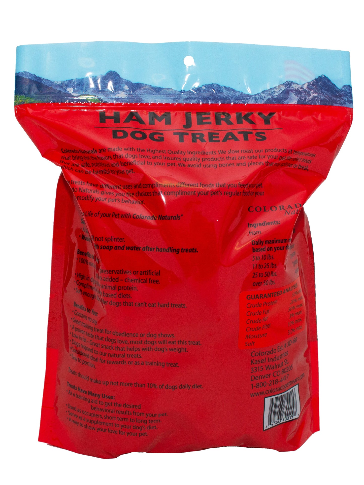A photo of the back of the best 16 oz Ham Jerky Dog Treats from Colorado Pet Treats by Colorado Naturals. Colorado Pet Treats - All-Natural, All-American Dog Jerky, Jerky Chips, and Bones - Treat your furry friend to our delicious and healthy pet treats made with only the finest ingredients sourced in the USA. Delicious and chewy all-American dog jerky made with natural ingredients sourced in Colorado.