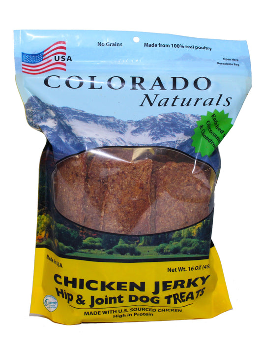 A photo of the front of the best 16 oz Hip and Joint Chicken Jerky Dog Treats from Colorado Pet Treats by Colorado Naturals. Colorado Pet Treats - All-Natural, All-American Dog Jerky, Jerky Chips, and Bones - Treat your furry friend to our delicious and healthy pet treats made with only the finest ingredients sourced in the USA. Delicious and chewy all-American dog jerky made with natural ingredients sourced in Colorado.