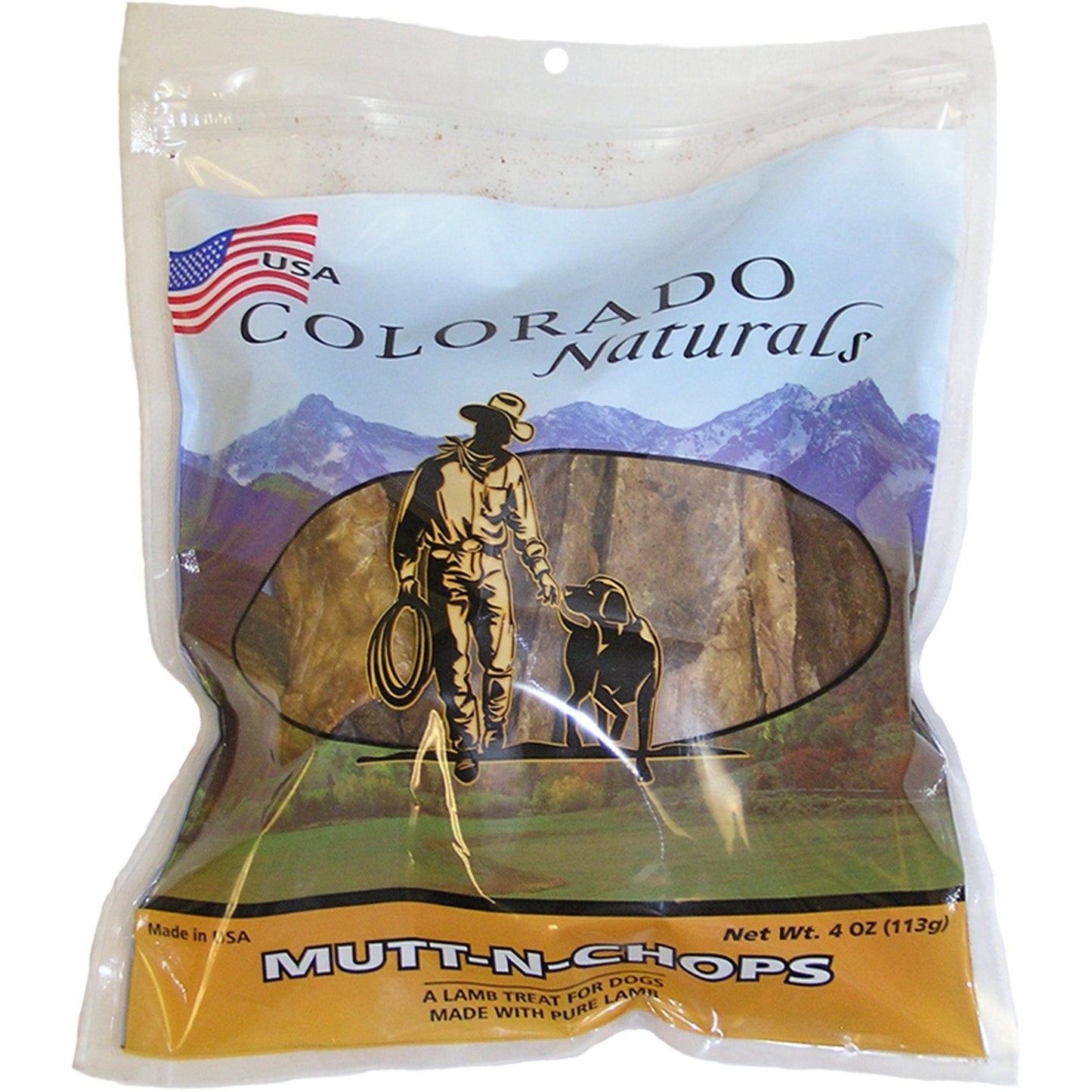 A photo of the front of the best 1 oz and 16 oz Lamb Mutt N Chops Dog Treats from Colorado Pet Treats by Colorado Naturals. Colorado Pet Treats - All-Natural, All-American Dog Jerky, Jerky Chips, and Bones - Treat your furry friend to our delicious and healthy pet treats made with only the finest ingredients sourced in the USA.