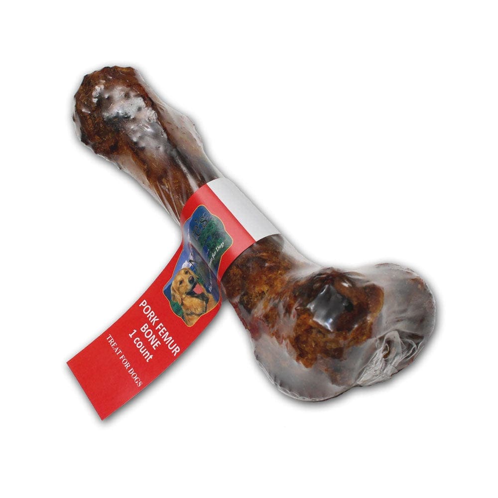 A photo of a packaged Pork Femur Bone Dog Treat from Colorado Pet Treats by Colorado Naturals. Colorado Pet Treats - All-Natural, All-American Dog Jerky, Jerky Chips, and Bones - Treat your furry friend to our delicious and healthy pet treats made with only the finest ingredients sourced in the USA. All-American bones made with natural ingredients sourced in Colorado to provide your dog with a tasty and long-lasting chew.