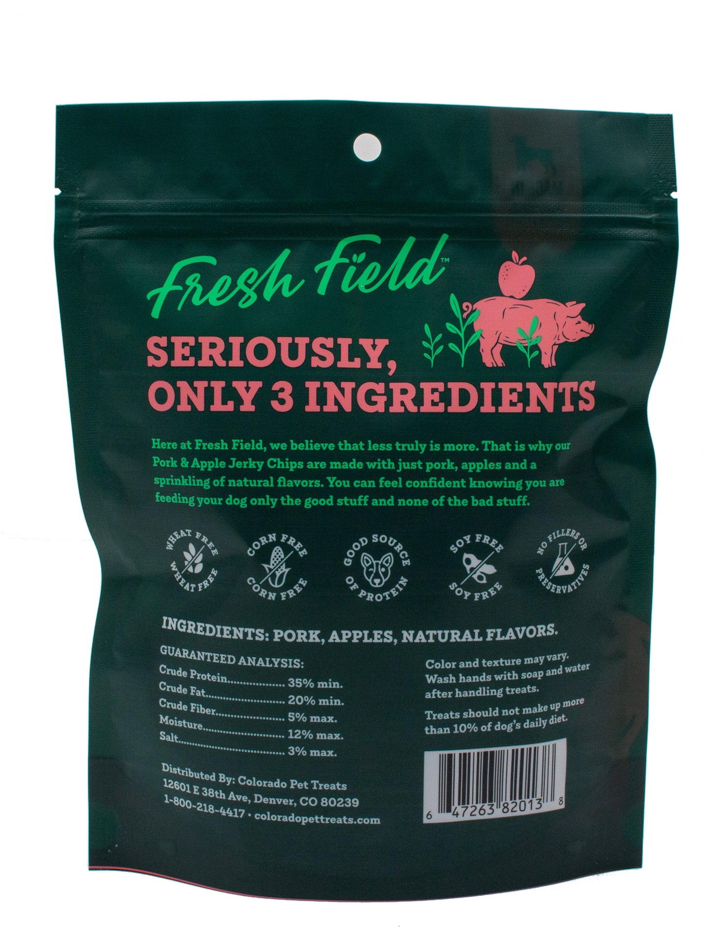 A photo of the back of the best 5 oz Pork and Apple Jerky Chips Dog Treats from Colorado Pet Treats by Fresh Field. Colorado Pet Treats - All-Natural, All-American Dog Jerky, Jerky Chips, and Bones - Treat your furry friend to our delicious and healthy pet treats made with only the finest ingredients sourced in the USA. The best crunchy and savory jerky chips made with all-natural ingredients and baked to perfection.
