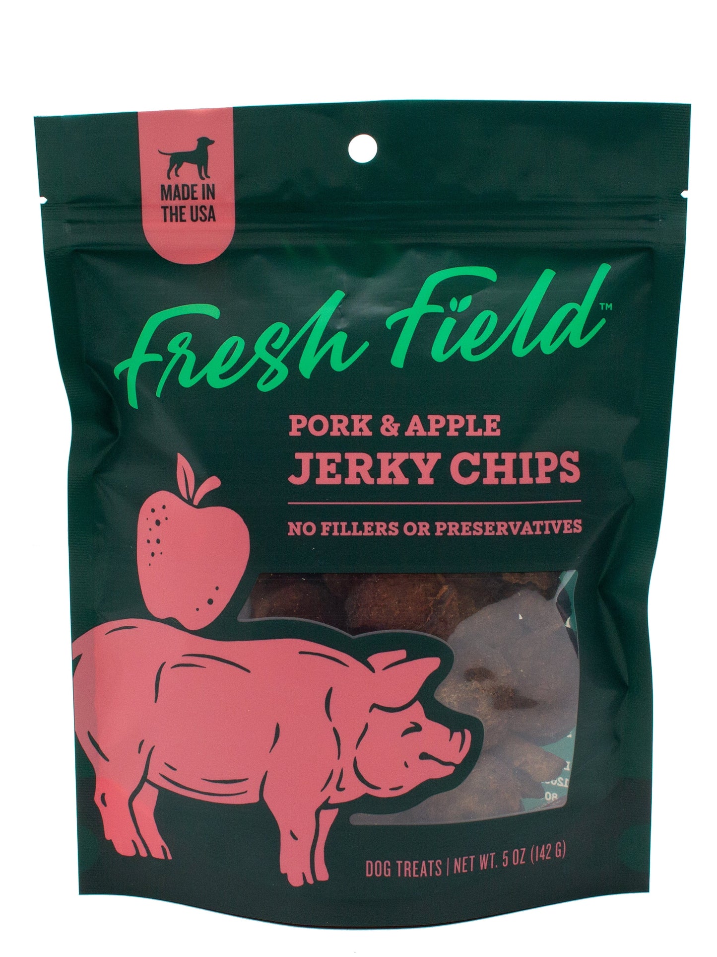 A photo of the front of the best 5 oz Pork and Apple Jerky Chips Dog Treats from Colorado Pet Treats by Fresh Field. Colorado Pet Treats - All-Natural, All-American Dog Jerky, Jerky Chips, and Bones - Treat your furry friend to our delicious and healthy pet treats made with only the finest ingredients sourced in the USA. The best crunchy and savory jerky chips made with all-natural ingredients and baked to perfection.