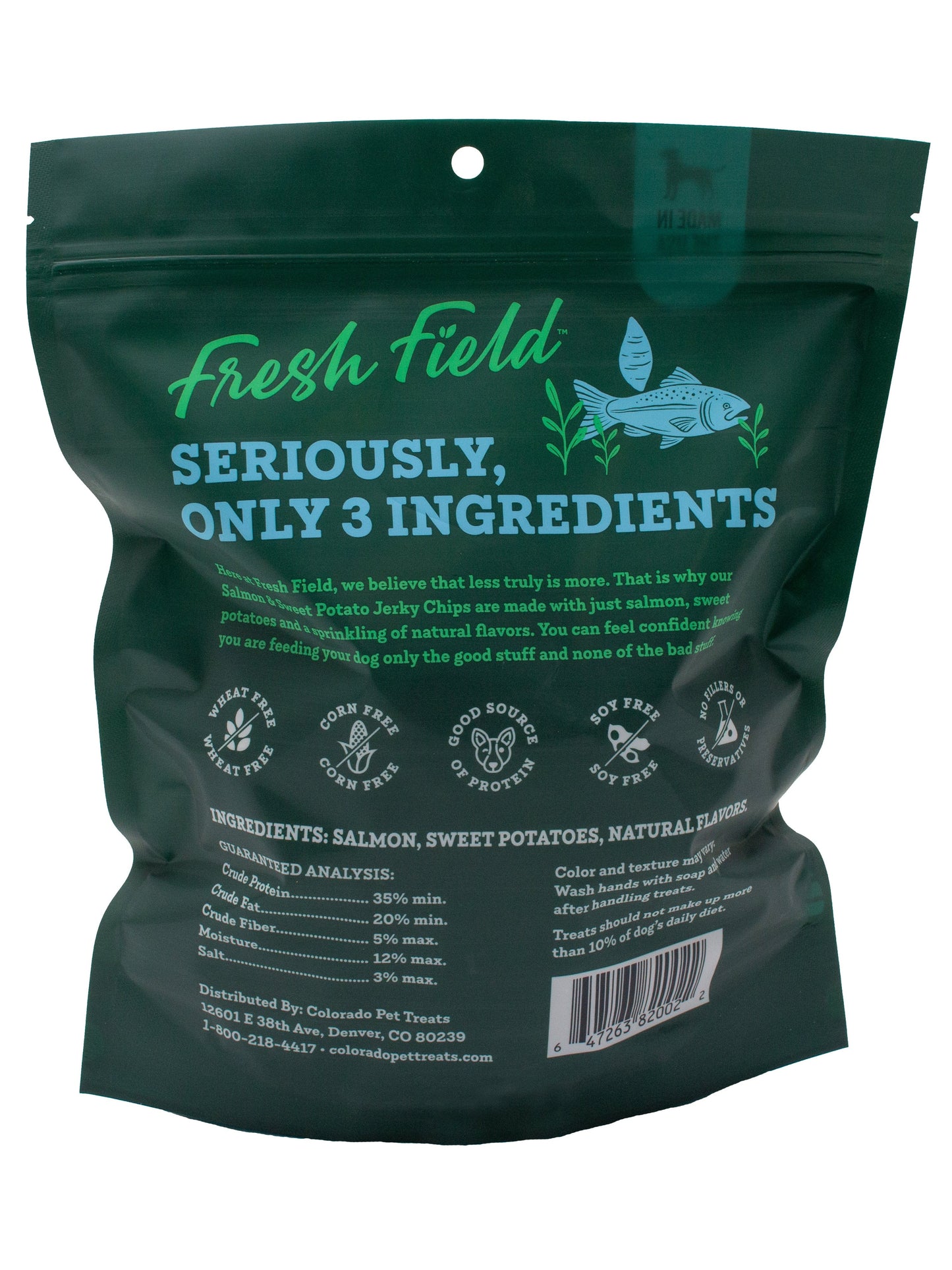 A photo of the back of the best 14 oz Salmon and Sweet Potato Jerky Chips Dog Treats from Colorado Pet Treats by Fresh Field. Colorado Pet Treats - All-Natural, All-American Dog Jerky, Jerky Chips, and Bones - Treat your furry friend to our delicious and healthy pet treats made with only the finest ingredients sourced in the USA. The best crunchy and savory jerky chips made with all-natural ingredients and baked to perfection.