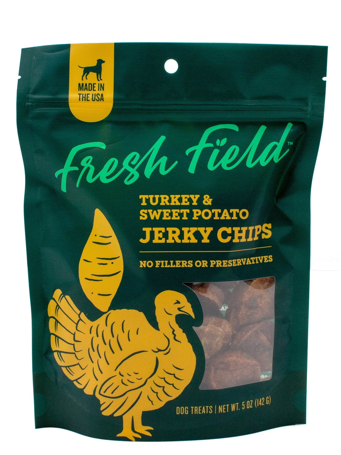 A photo of the front of the best 5 oz Turkey and Sweet Potato Jerky Chips Dog Treats from Colorado Pet Treats by Fresh Field. Colorado Pet Treats - All-Natural, All-American Dog Jerky, Jerky Chips, and Bones - Treat your furry friend to our delicious and healthy pet treats made with only the finest ingredients sourced in the USA. The best crunchy and savory jerky chips made with all-natural ingredients and baked to perfection.
