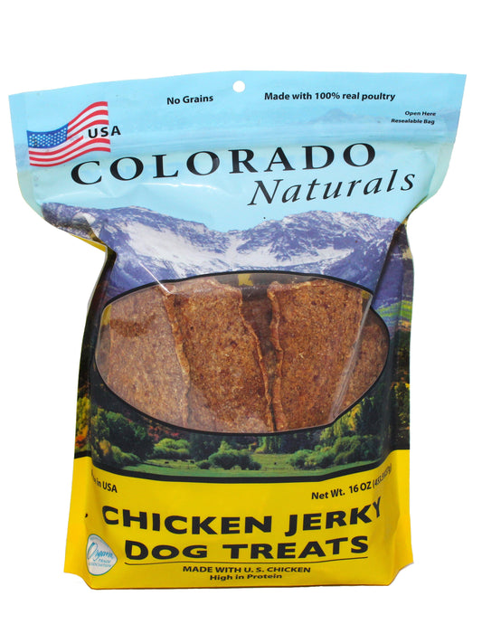 A photo of the front of the best 16 oz Chicken Jerky Dog Treats from Colorado Pet Treats by Colorado Naturals. Colorado Pet Treats - All-Natural, All-American Dog Jerky, Jerky Chips, and Bones - Treat your furry friend to our delicious and healthy pet treats made with only the finest ingredients sourced in the USA. Delicious and chewy all-American dog jerky made with natural ingredients sourced in Colorado.