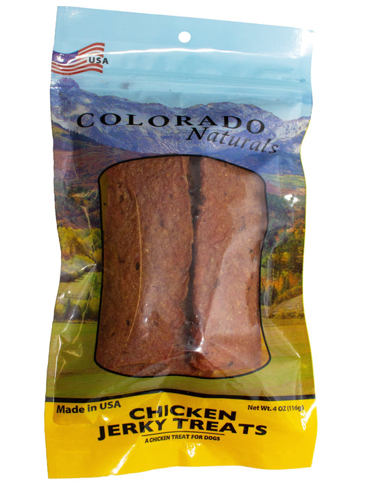 A photo of the front of the best 4 oz Chicken Jerky Dog Treats from Colorado Pet Treats by Colorado Naturals. Colorado Pet Treats - All-Natural, All-American Dog Jerky, Jerky Chips, and Bones - Treat your furry friend to our delicious and healthy pet treats made with only the finest ingredients sourced in the USA. Delicious and chewy all-American dog jerky made with natural ingredients sourced in Colorado.