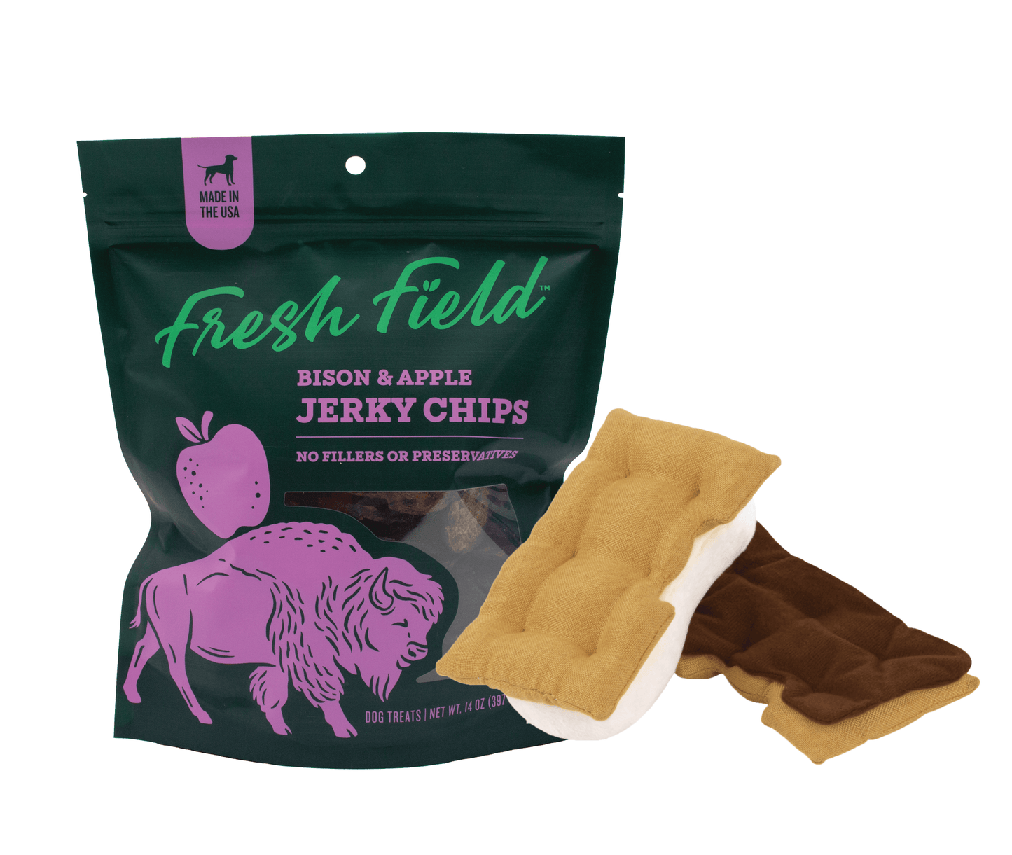 A photo of the Fresh Fields Bison and Apple Jerky Chip Treat and Gimmie S'more toy bundle. This bundle is from Fresh Fields by Colorado Pet Treats and P.L.A.Y.