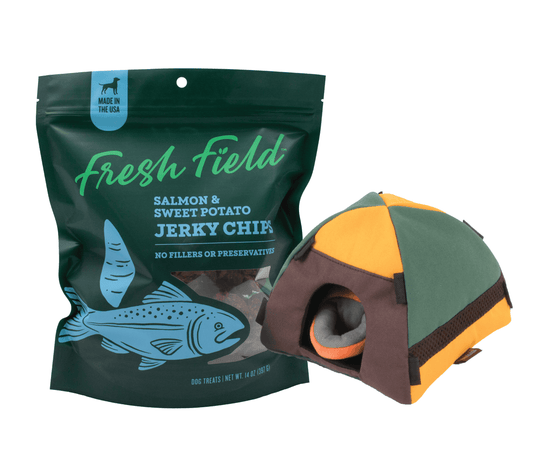 A photo of the Fresh Fields Salmon and Sweet Potato Jerky Chip Treat and Trailblazing Tent toy bundle. This bundle is from Fresh Fields by Colorado Pet Treats and P.L.A.Y.