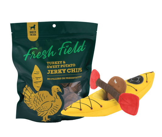 A photo of the Fresh Fields Turkey and Sweet Potato Jerky Chip Treat and K-9 Kayak toy bundle. This bundle is from Fresh Fields by Colorado Pet Treats and P.L.A.Y.