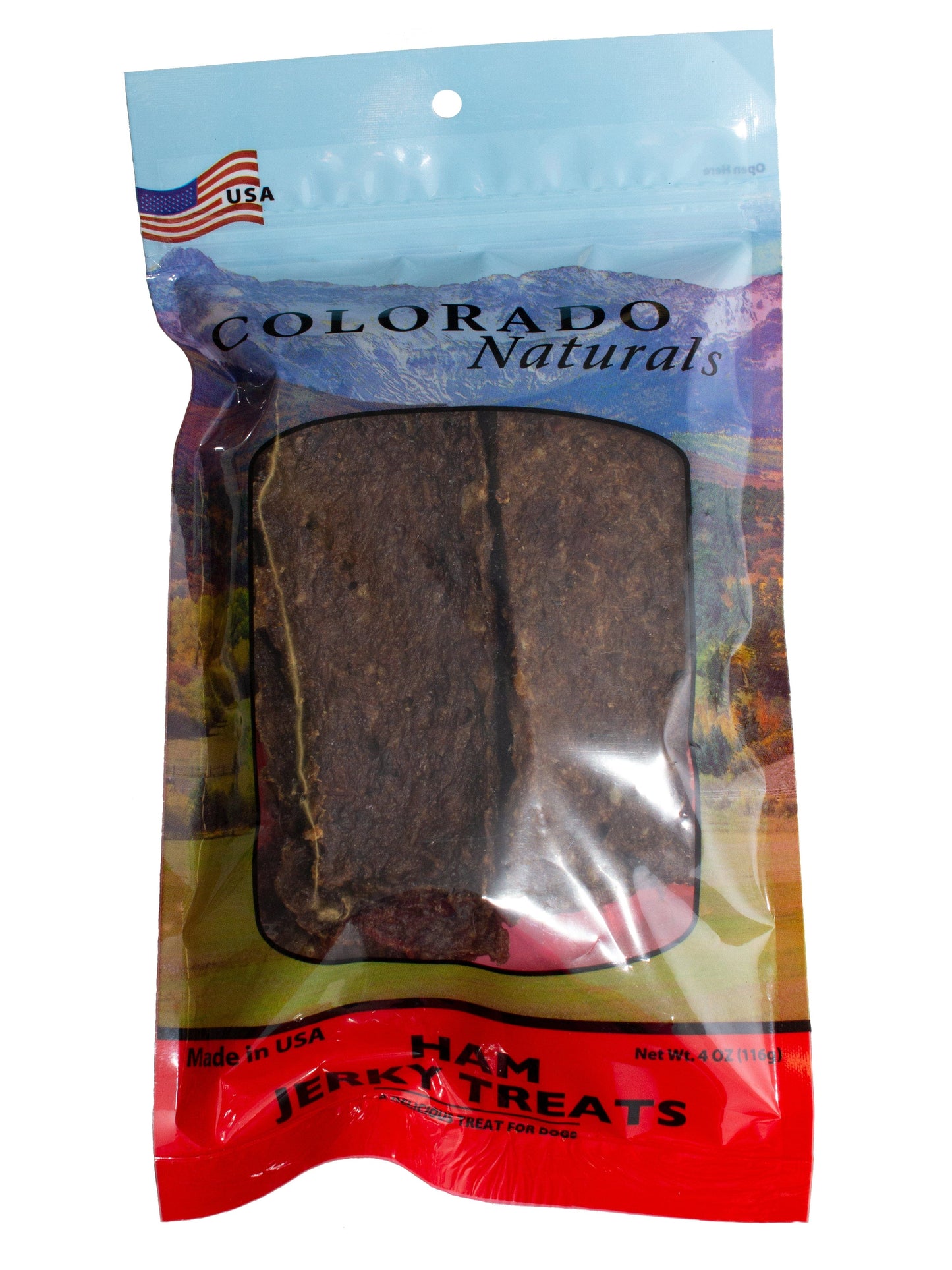 A photo of the front of the best 4 oz Ham Jerky Dog Treats from Colorado Pet Treats by Colorado Naturals. Colorado Pet Treats - All-Natural, All-American Dog Jerky, Jerky Chips, and Bones - Treat your furry friend to our delicious and healthy pet treats made with only the finest ingredients sourced in the USA. Delicious and chewy all-American dog jerky made with natural ingredients sourced in Colorado.