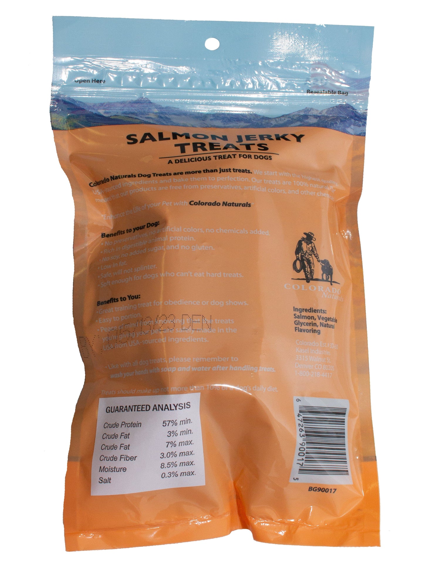 A photo of the back of the best 4 oz Salmon Jerky Dog Treats from Colorado Pet Treats by Colorado Naturals. Colorado Pet Treats - All-Natural, All-American Dog Jerky, Jerky Chips, and Bones - Treat your furry friend to our delicious and healthy pet treats made with only the finest ingredients sourced in the USA. Delicious and chewy all-American dog jerky made with natural ingredients sourced in Colorado.