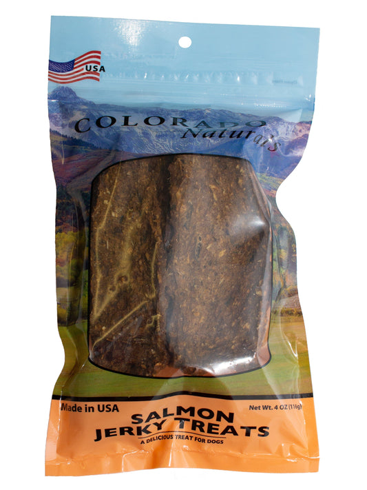 A photo of the front of the best 4 oz Salmon Jerky Dog Treats from Colorado Pet Treats by Colorado Naturals. Colorado Pet Treats - All-Natural, All-American Dog Jerky, Jerky Chips, and Bones - Treat your furry friend to our delicious and healthy pet treats made with only the finest ingredients sourced in the USA. Delicious and chewy all-American dog jerky made with natural ingredients sourced in Colorado.