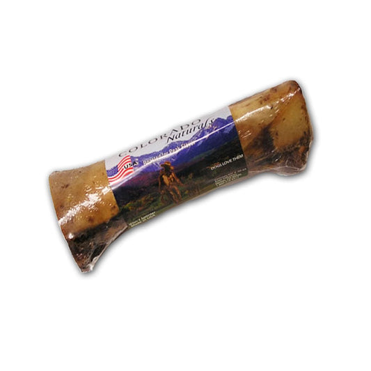 A photo of a packaged Medium Shank Beef Femur Bone Dog Treat from Colorado Pet Treats by Colorado Naturals. Colorado Pet Treats - All-Natural, All-American Dog Jerky, Jerky Chips, and Bones - Treat your furry friend to our delicious and healthy pet treats made with only the finest ingredients sourced in the USA. All-American bones made with natural ingredients sourced in Colorado to provide your dog with a tasty and long-lasting chew.