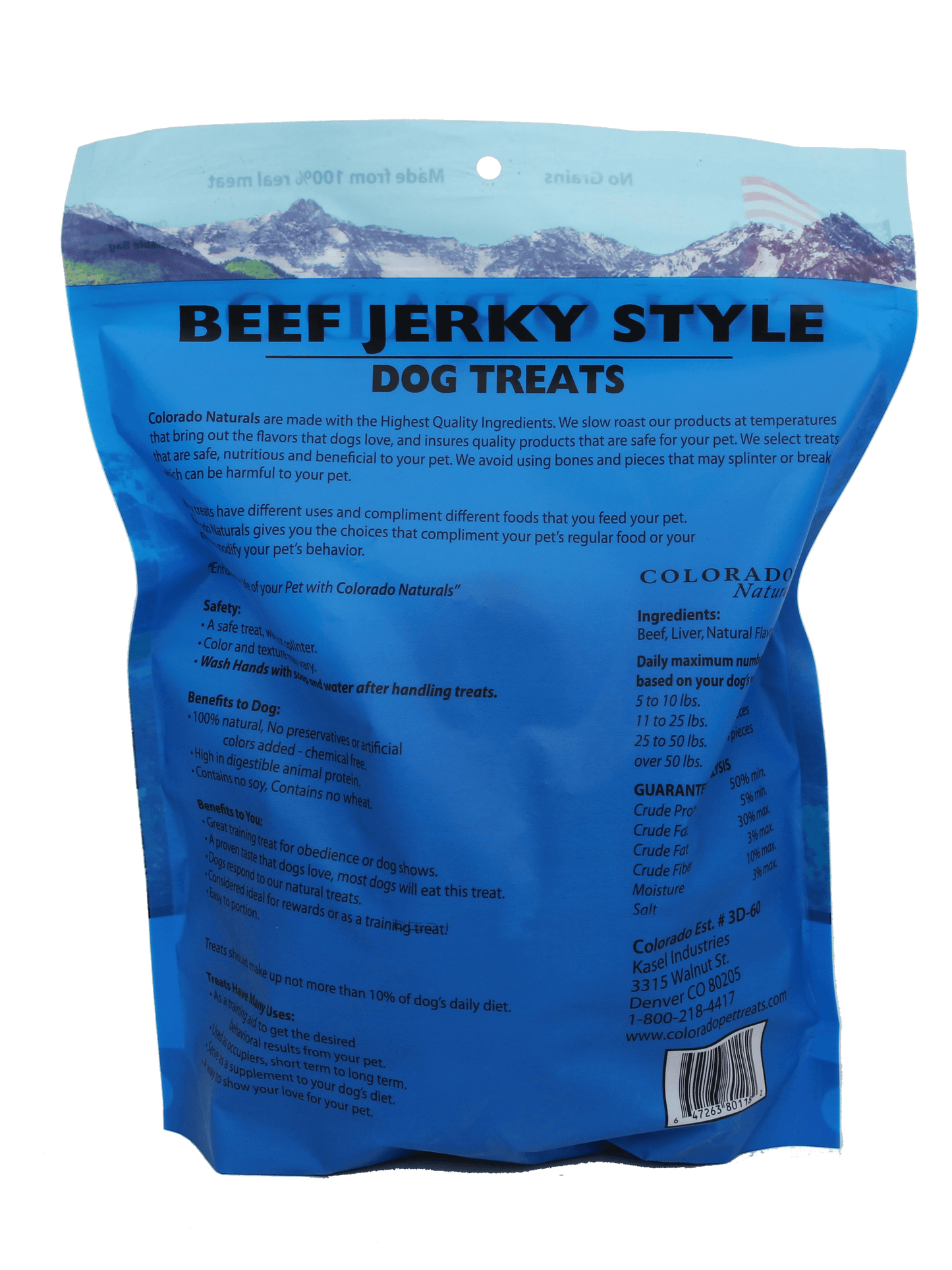 A photo of the back of the best 16 oz Beef Jerky Dog Treats from Colorado Pet Treats by Colorado Naturals. Colorado Pet Treats - All-Natural, All-American Dog Jerky, Jerky Chips, and Bones - Treat your furry friend to our delicious and healthy pet treats made with only the finest ingredients sourced in the USA. Delicious and chewy all-American dog jerky made with natural ingredients sourced in Colorado.