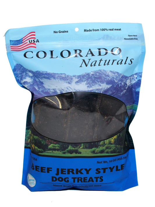 A photo of the front of the best 16 oz Beef Jerky Dog Treats from Colorado Pet Treats by Colorado Naturals. Colorado Pet Treats - All-Natural, All-American Dog Jerky, Jerky Chips, and Bones - Treat your furry friend to our delicious and healthy pet treats made with only the finest ingredients sourced in the USA. Delicious and chewy all-American dog jerky made with natural ingredients sourced in Colorado.