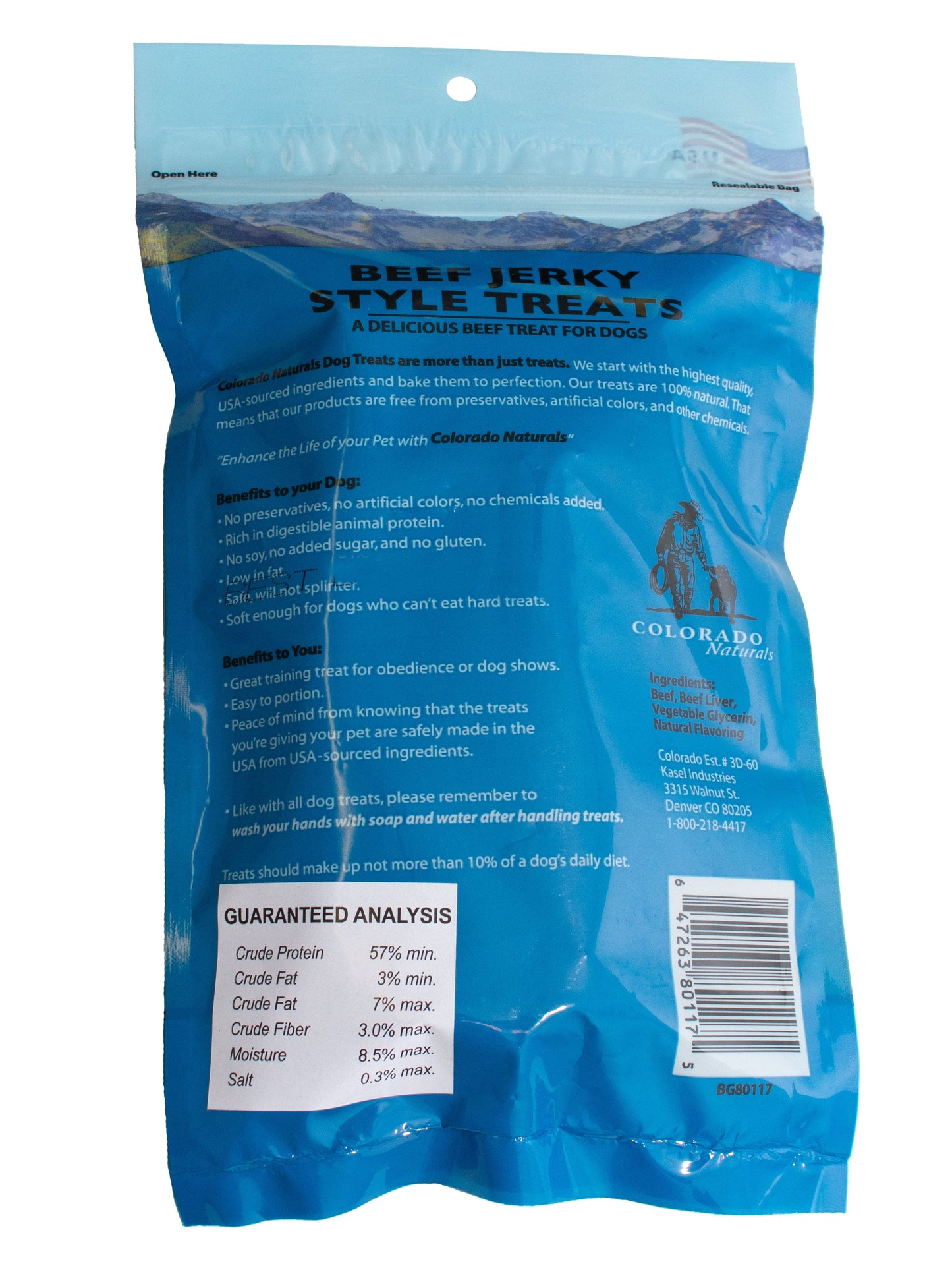A photo of the back of the best 4 oz Beef Jerky Dog Treats from Colorado Pet Treats by Colorado Naturals. Colorado Pet Treats - All-Natural, All-American Dog Jerky, Jerky Chips, and Bones - Treat your furry friend to our delicious and healthy pet treats made with only the finest ingredients sourced in the USA. Delicious and chewy all-American dog jerky made with natural ingredients sourced in Colorado.