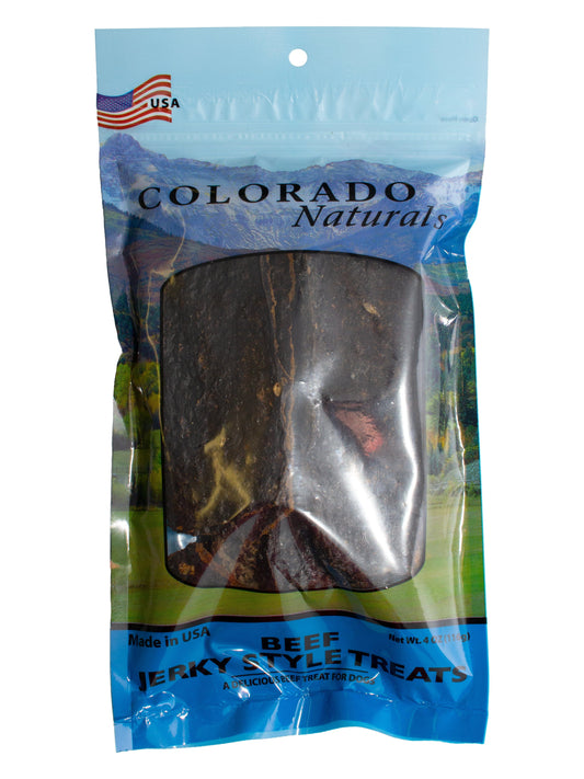 A photo of the front of the best 4 oz Beef Jerky Dog Treats from Colorado Pet Treats by Colorado Naturals. Colorado Pet Treats - All-Natural, All-American Dog Jerky, Jerky Chips, and Bones - Treat your furry friend to our delicious and healthy pet treats made with only the finest ingredients sourced in the USA. Delicious and chewy all-American dog jerky made with natural ingredients sourced in Colorado.