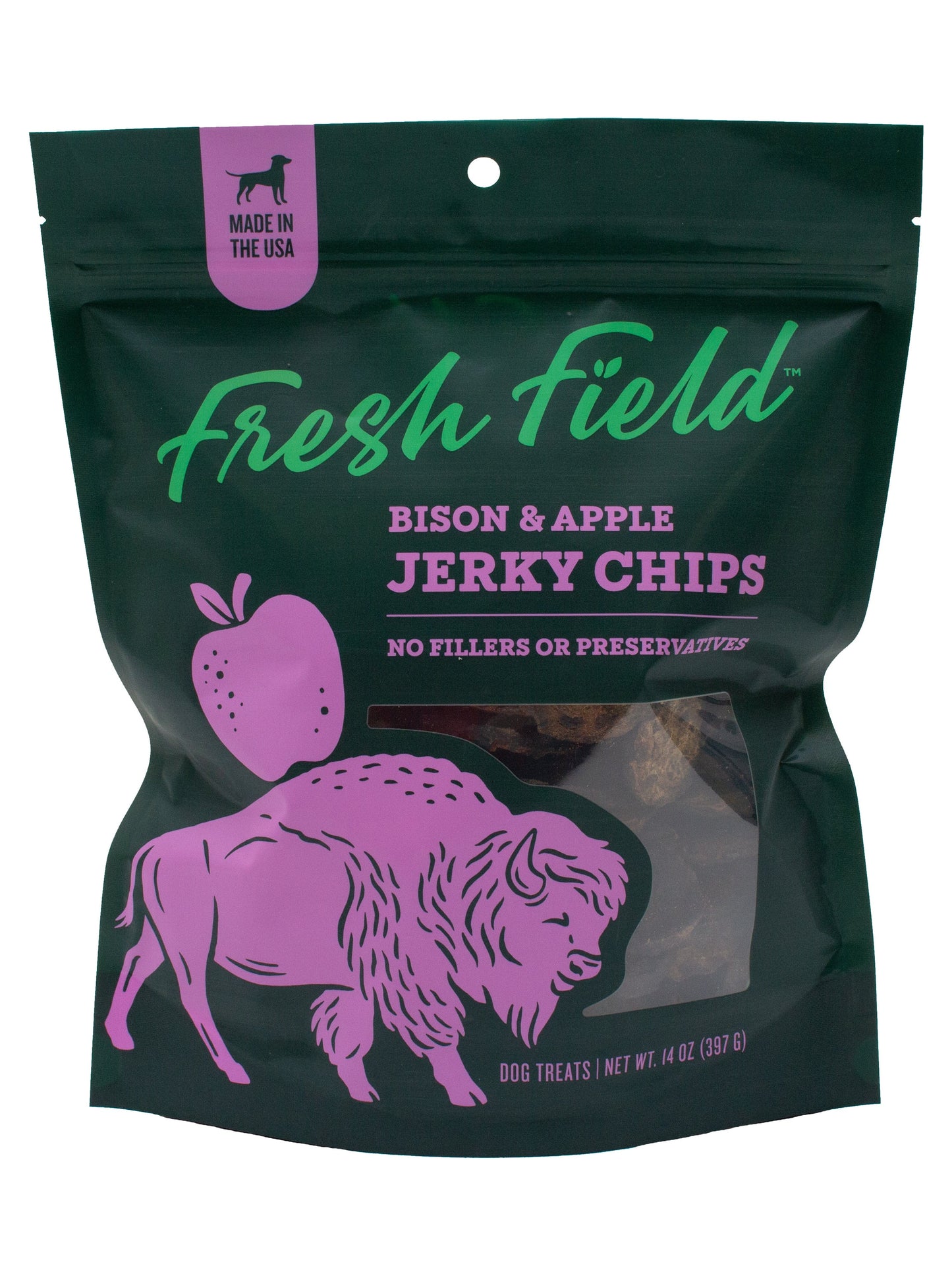 A photo of the front of the best 14 oz Bison and Apple Jerky Chips Dog Treats from Colorado Pet Treats by Fresh Field. Colorado Pet Treats - All-Natural, All-American Dog Jerky, Jerky Chips, and Bones - Treat your furry friend to our delicious and healthy pet treats made with only the finest ingredients sourced in the USA. The best crunchy and savory jerky chips made with all-natural ingredients and baked to perfection.