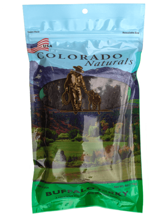 A photo of the front of the best 2 oz Buffalo Liver Jerky Dog Treats from Colorado Pet Treats by Colorado Naturals. Colorado Pet Treats - All-Natural, All-American Dog Jerky, Jerky Chips, and Bones - Treat your furry friend to our delicious and healthy pet treats made with only the finest ingredients sourced in the USA. Delicious and chewy all-American dog jerky made with natural ingredients sourced in Colorado.