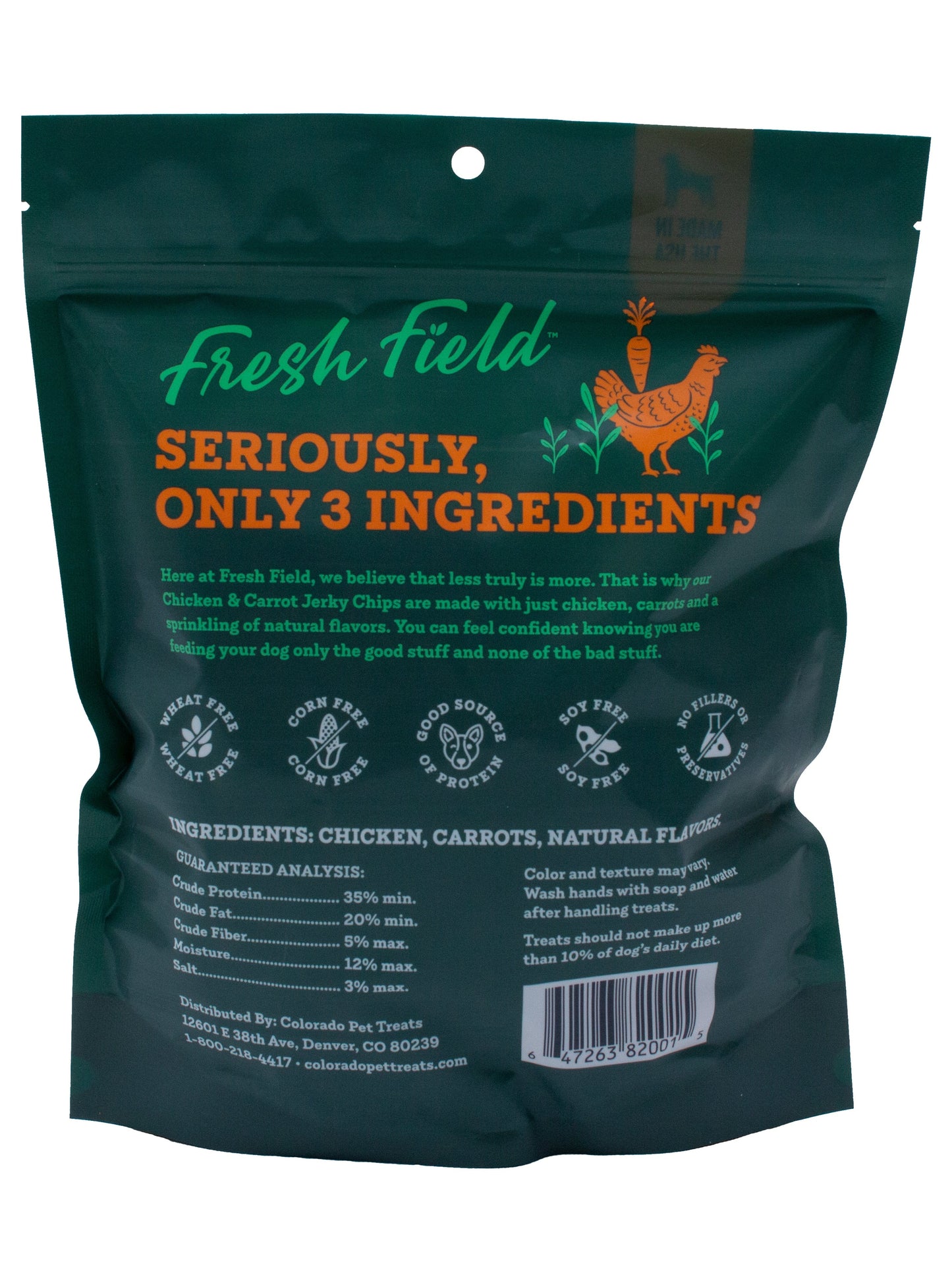 A photo of the back of the best 14 oz Chicken and Carrot Jerky Chips Dog Treats from Colorado Pet Treats by Fresh Field. Colorado Pet Treats - All-Natural, All-American Dog Jerky, Jerky Chips, and Bones - Treat your furry friend to our delicious and healthy pet treats made with only the finest ingredients sourced in the USA. The best crunchy and savory jerky chips made with all-natural ingredients and baked to perfection.