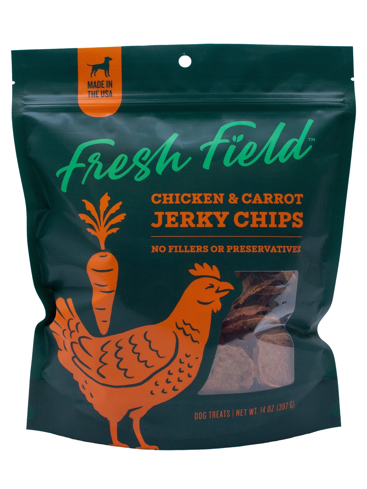 A photo of the front of the best 14 oz Chicken and Carrot Jerky Chips Dog Treats from Colorado Pet Treats by Fresh Field. Colorado Pet Treats - All-Natural, All-American Dog Jerky, Jerky Chips, and Bones - Treat your furry friend to our delicious and healthy pet treats made with only the finest ingredients sourced in the USA. The best crunchy and savory jerky chips made with all-natural ingredients and baked to perfection.