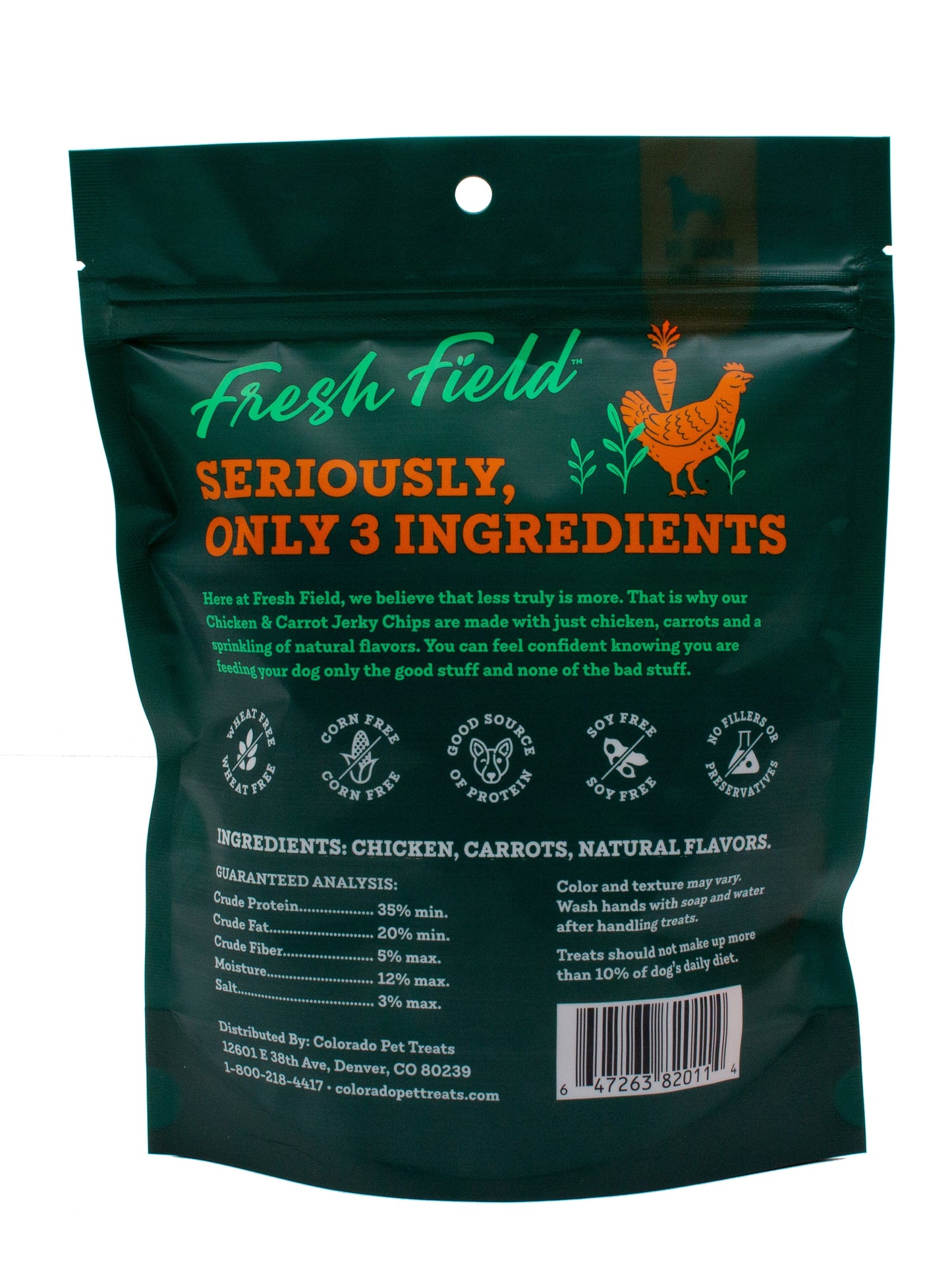 A photo of the back of the best 5 oz Chicken and Carrot Jerky Chips Dog Treats from Colorado Pet Treats by Fresh Field. Colorado Pet Treats - All-Natural, All-American Dog Jerky, Jerky Chips, and Bones - Treat your furry friend to our delicious and healthy pet treats made with only the finest ingredients sourced in the USA. The best crunchy and savory jerky chips made with all-natural ingredients and baked to perfection.