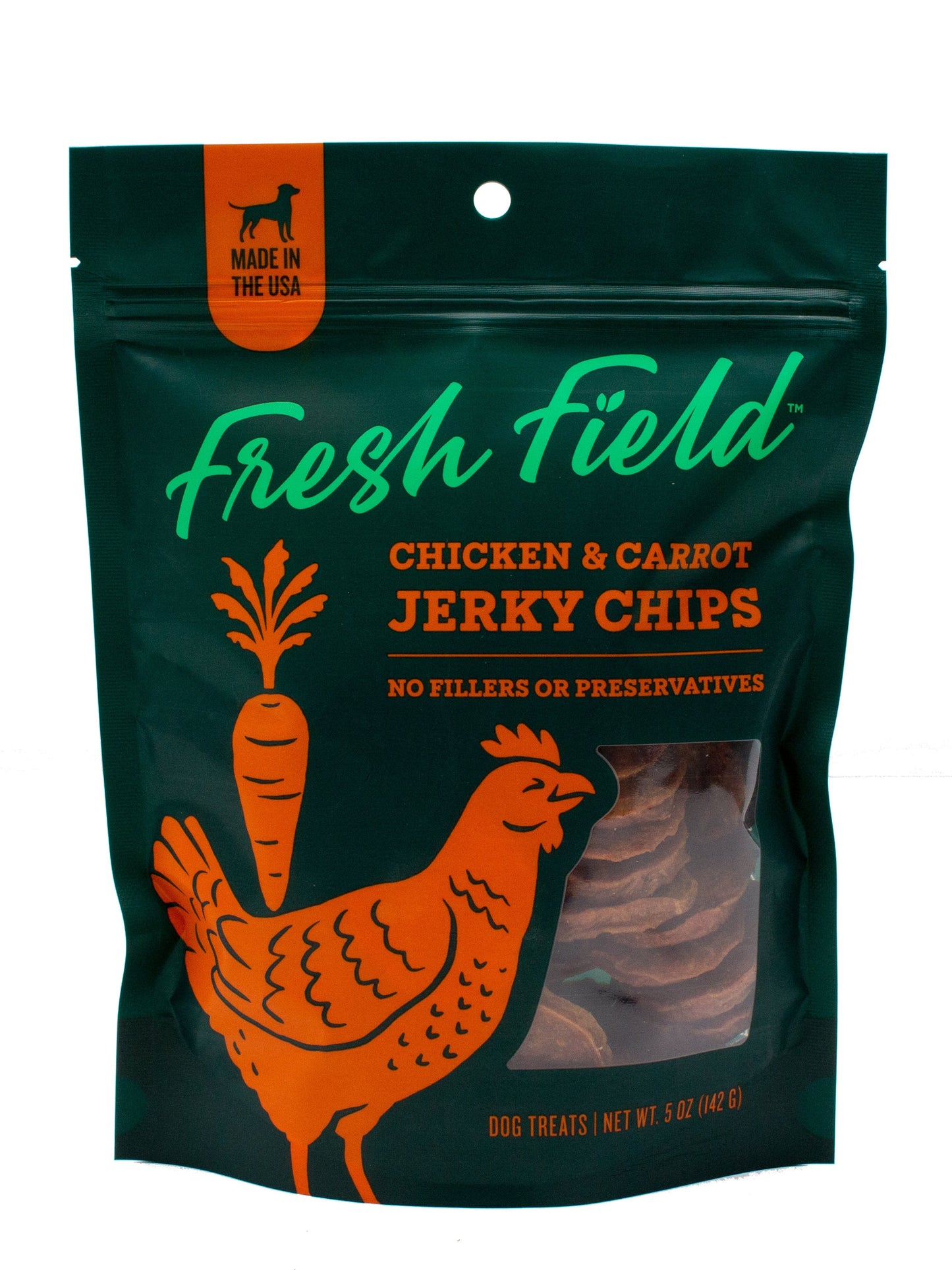 A photo of the front of the best 5 oz Chicken and Carrot Jerky Chips Dog Treats from Colorado Pet Treats by Fresh Field. Colorado Pet Treats - All-Natural, All-American Dog Jerky, Jerky Chips, and Bones - Treat your furry friend to our delicious and healthy pet treats made with only the finest ingredients sourced in the USA. The best crunchy and savory jerky chips made with all-natural ingredients and baked to perfection.
