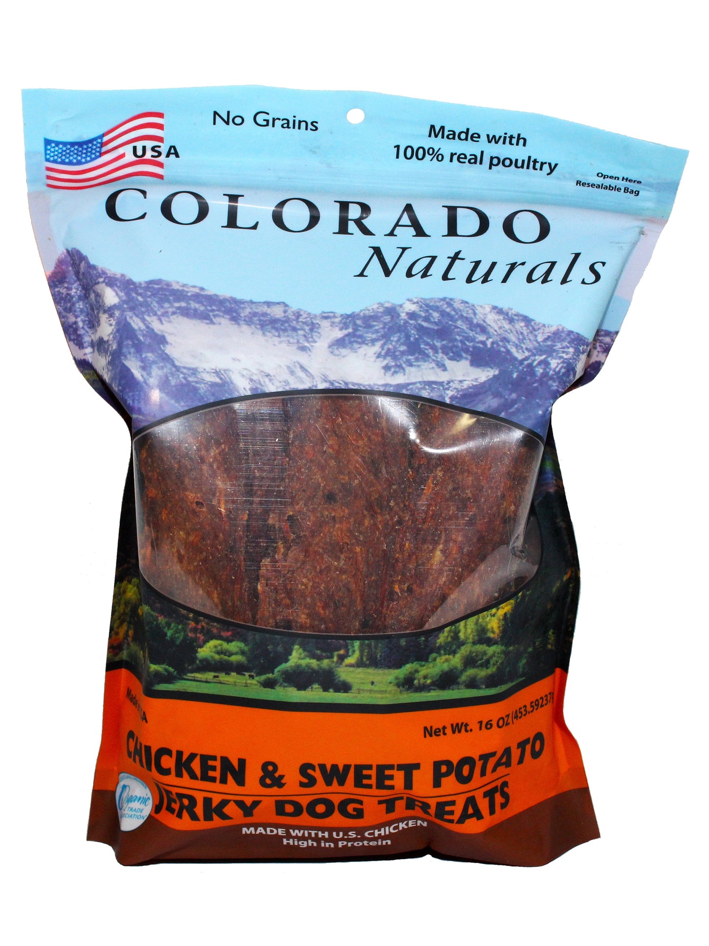A photo of the front of the best 16 oz Chicken and Sweet Potato Jerky Dog Treats from Colorado Pet Treats by Colorado Naturals. Colorado Pet Treats - All-Natural, All-American Dog Jerky, Jerky Chips, and Bones - Treat your furry friend to our delicious and healthy pet treats made with only the finest ingredients sourced in the USA. Delicious and chewy all-American dog jerky made with natural ingredients sourced in Colorado.