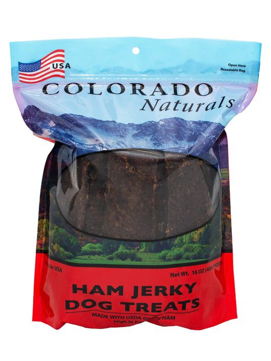 A photo of the front of the best 16 oz Ham Jerky Dog Treats from Colorado Pet Treats by Colorado Naturals. Colorado Pet Treats - All-Natural, All-American Dog Jerky, Jerky Chips, and Bones - Treat your furry friend to our delicious and healthy pet treats made with only the finest ingredients sourced in the USA. Delicious and chewy all-American dog jerky made with natural ingredients sourced in Colorado.