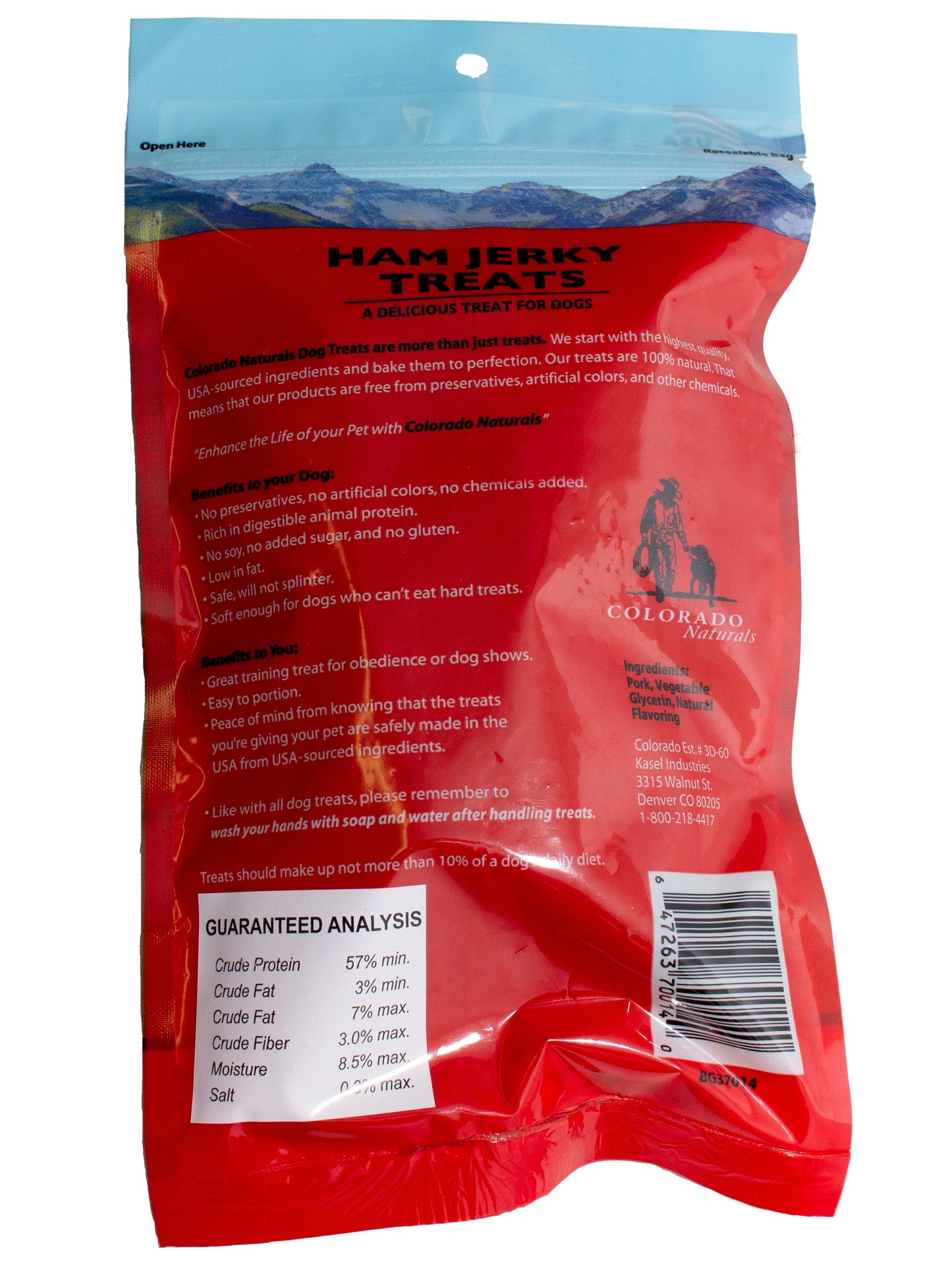 A photo of the back of the best 4 oz Ham Jerky Dog Treats from Colorado Pet Treats by Colorado Naturals. Colorado Pet Treats - All-Natural, All-American Dog Jerky, Jerky Chips, and Bones - Treat your furry friend to our delicious and healthy pet treats made with only the finest ingredients sourced in the USA. Delicious and chewy all-American dog jerky made with natural ingredients sourced in Colorado.