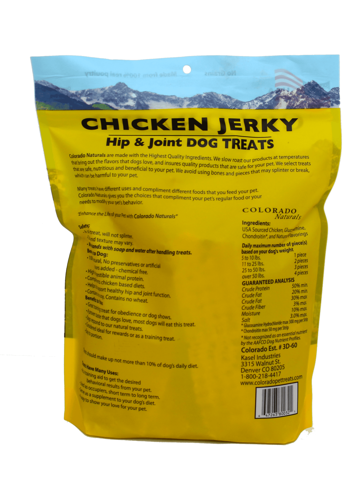 A photo of the back of the best 16 oz Hip and Joint Chicken Jerky Dog Treats from Colorado Pet Treats by Colorado Naturals. Colorado Pet Treats - All-Natural, All-American Dog Jerky, Jerky Chips, and Bones - Treat your furry friend to our delicious and healthy pet treats made with only the finest ingredients sourced in the USA. Delicious and chewy all-American dog jerky made with natural ingredients sourced in Colorado.