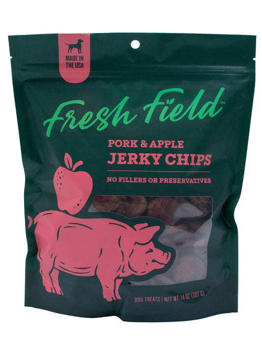 A photo of the front of the best 14 oz Pork and Apple Jerky Chips Dog Treats from Colorado Pet Treats by Fresh Field. Colorado Pet Treats - All-Natural, All-American Dog Jerky, Jerky Chips, and Bones - Treat your furry friend to our delicious and healthy pet treats made with only the finest ingredients sourced in the USA. The best crunchy and savory jerky chips made with all-natural ingredients and baked to perfection.