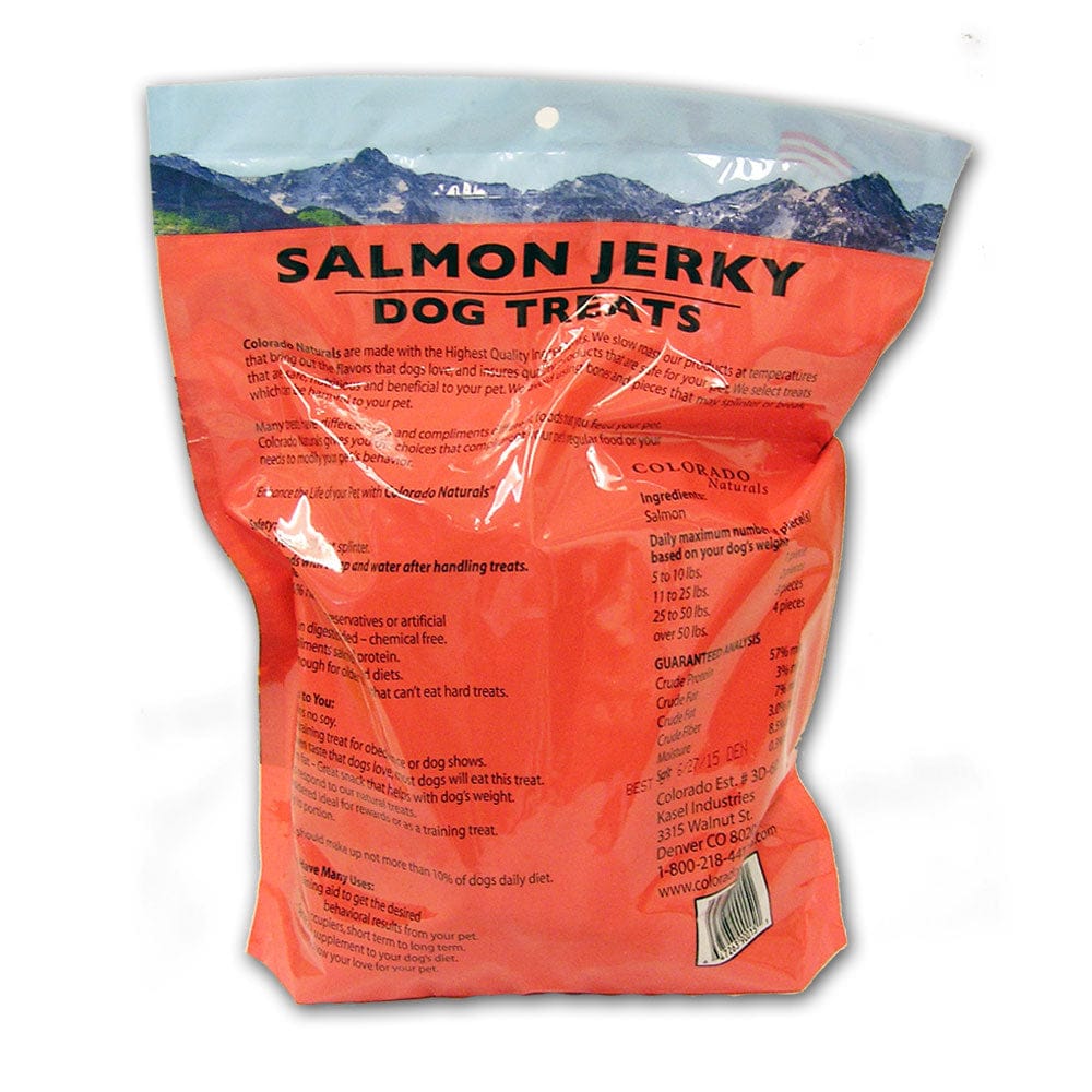 A photo of the back of the best 16 oz Salmon Jerky Dog Treats from Colorado Pet Treats by Colorado Naturals. Colorado Pet Treats - All-Natural, All-American Dog Jerky, Jerky Chips, and Bones - Treat your furry friend to our delicious and healthy pet treats made with only the finest ingredients sourced in the USA. Delicious and chewy all-American dog jerky made with natural ingredients sourced in Colorado.