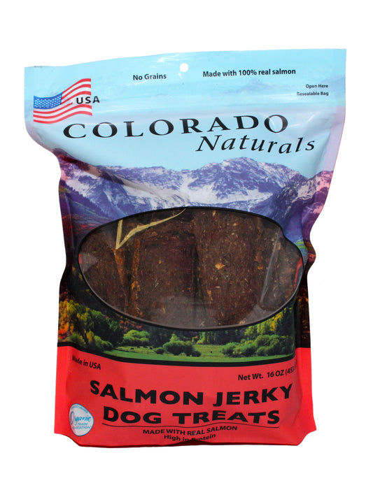 A photo of the front of the best 16 oz Salmon Jerky Dog Treats from Colorado Pet Treats by Colorado Naturals. Colorado Pet Treats - All-Natural, All-American Dog Jerky, Jerky Chips, and Bones - Treat your furry friend to our delicious and healthy pet treats made with only the finest ingredients sourced in the USA. Delicious and chewy all-American dog jerky made with natural ingredients sourced in Colorado.