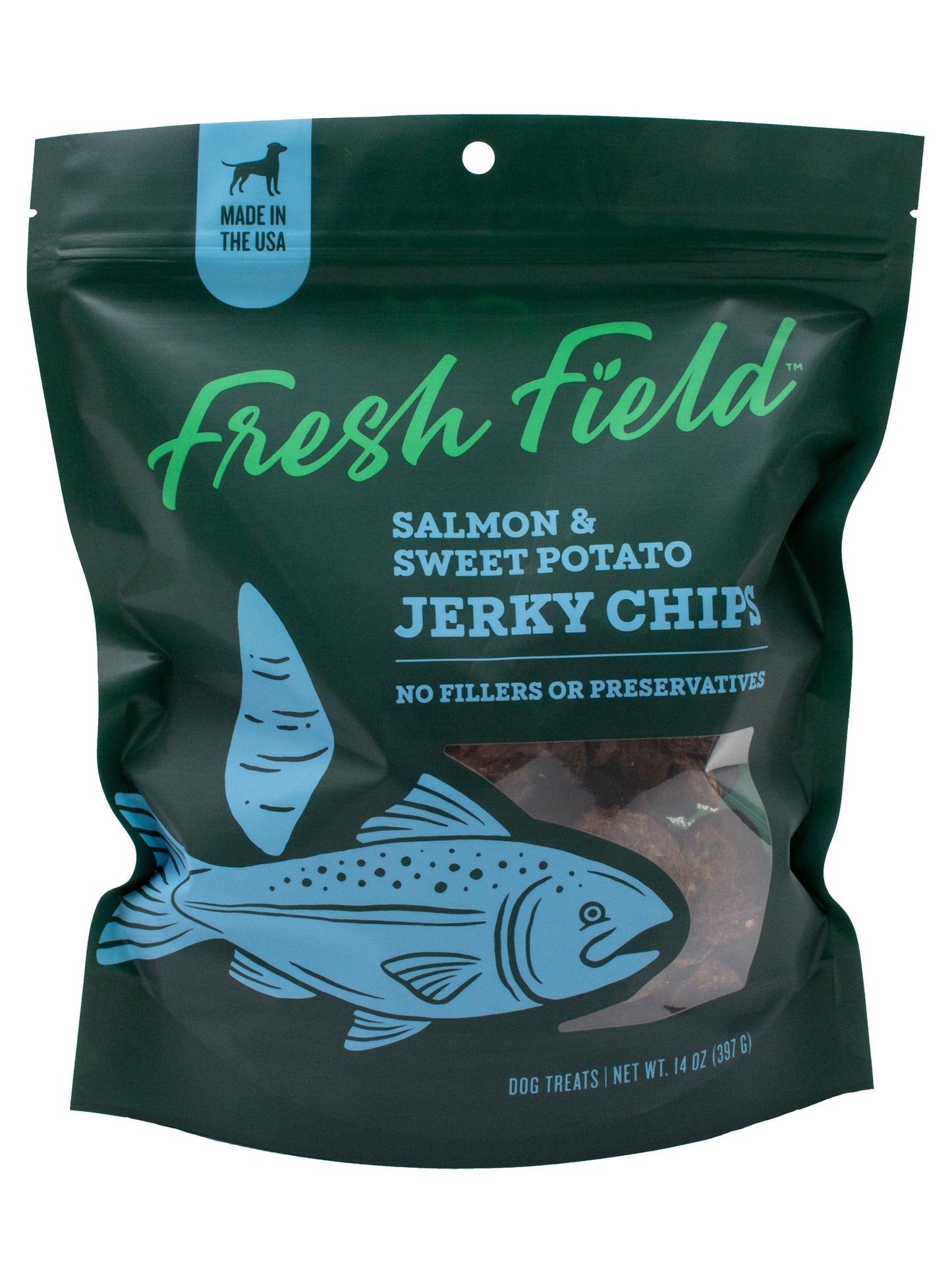 A photo of the front of the best 14 oz Salmon and Sweet Potato Jerky Chips Dog Treats from Colorado Pet Treats by Fresh Field. Colorado Pet Treats - All-Natural, All-American Dog Jerky, Jerky Chips, and Bones - Treat your furry friend to our delicious and healthy pet treats made with only the finest ingredients sourced in the USA. The best crunchy and savory jerky chips made with all-natural ingredients and baked to perfection.